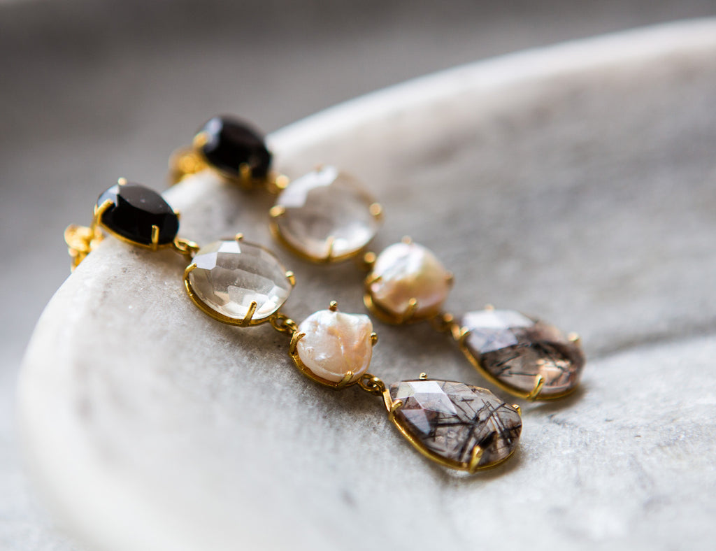 Black onyx, pearl and quartz drop earrings