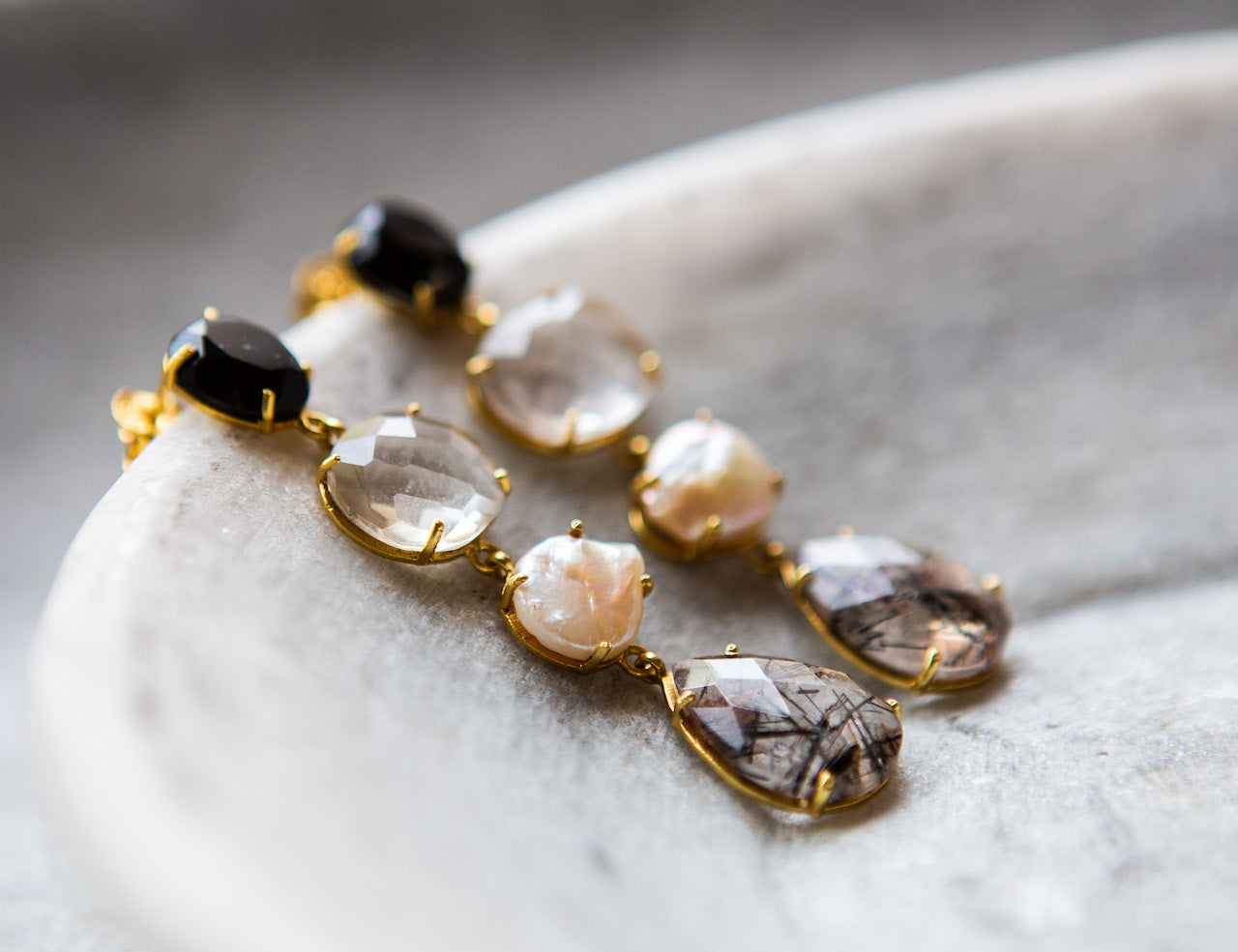 Black onyx, pearl and quartz drop earrings