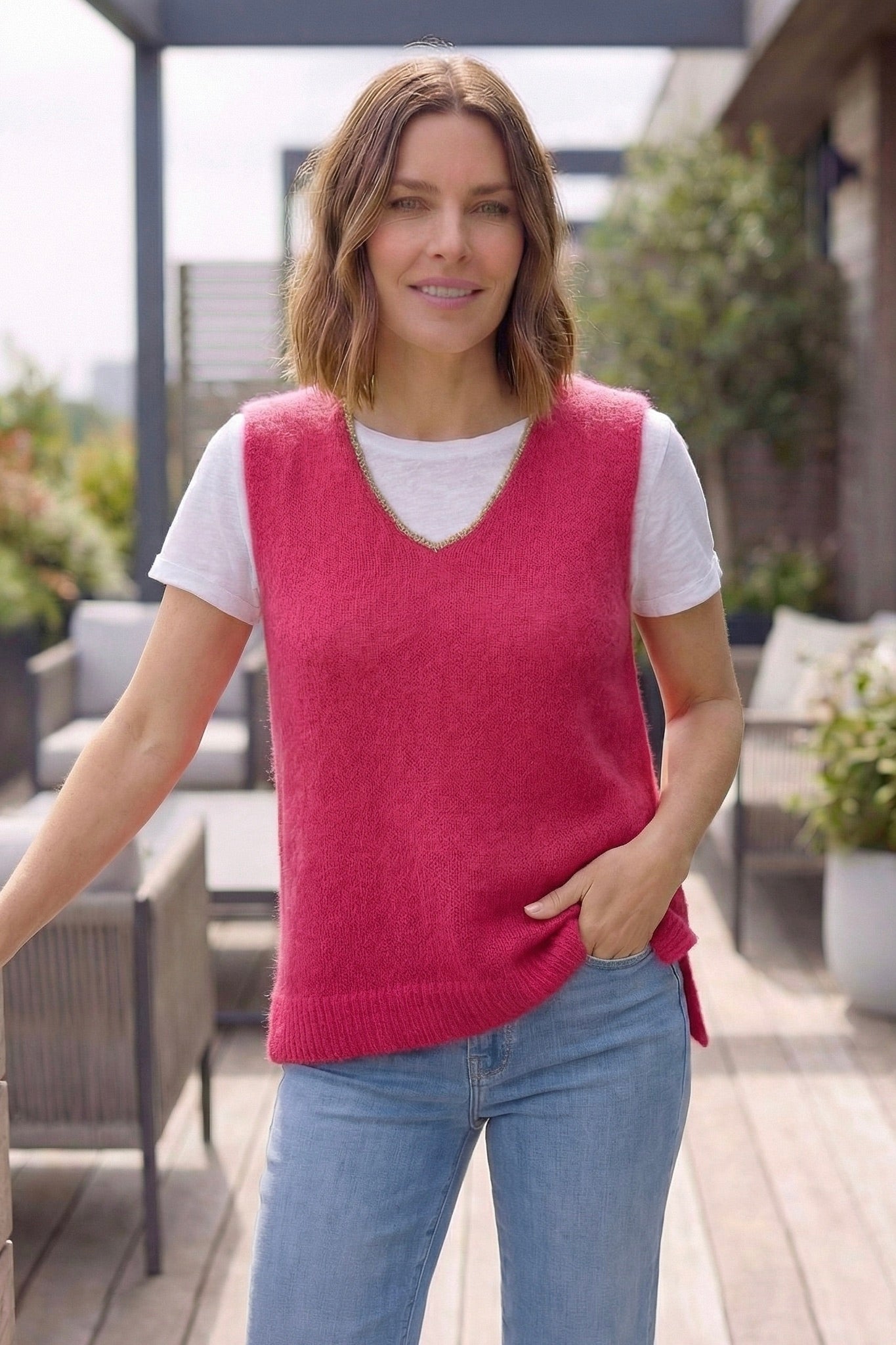 Nancy Knitted V-Neck Tank Top with Lurex Trim