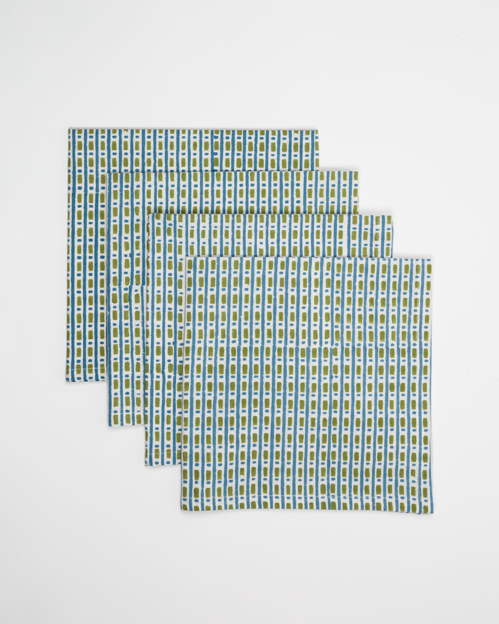 Olive Green Dash & Dot - Block Printed Cotton Napkins - Set of 4
