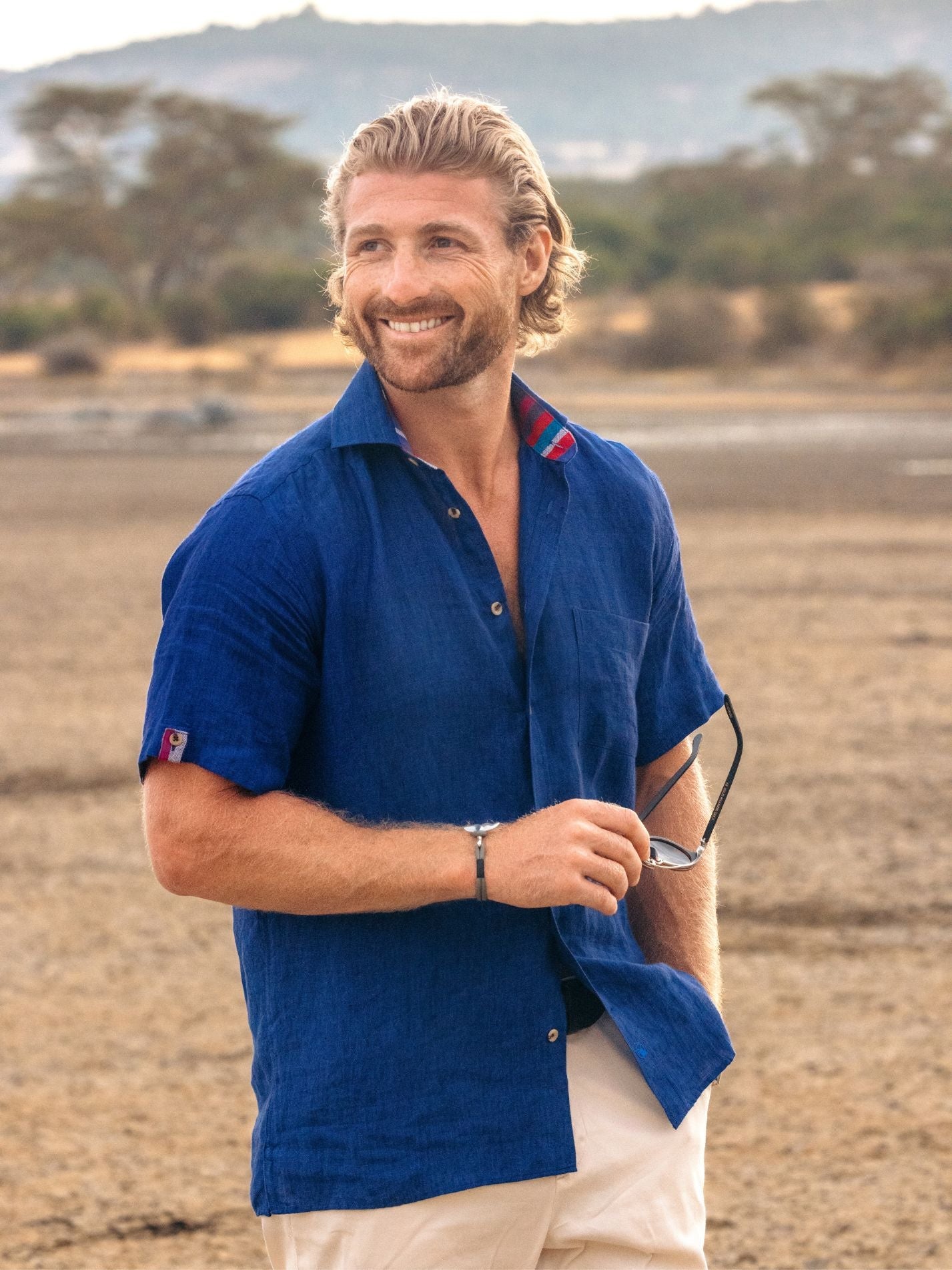 Royal Blue Short-Sleeved Linen Shirt