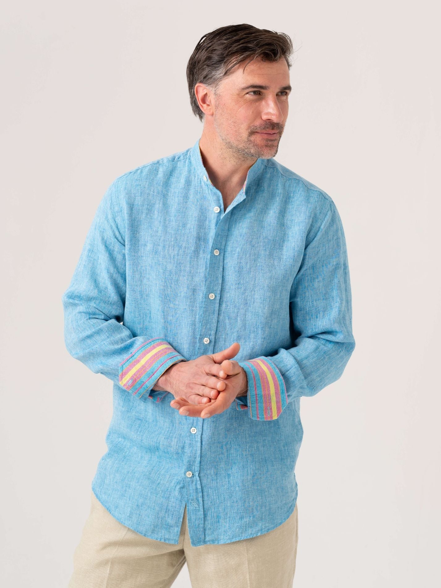 Nyota Turquoise Linen Shirt - Grandfather Collar