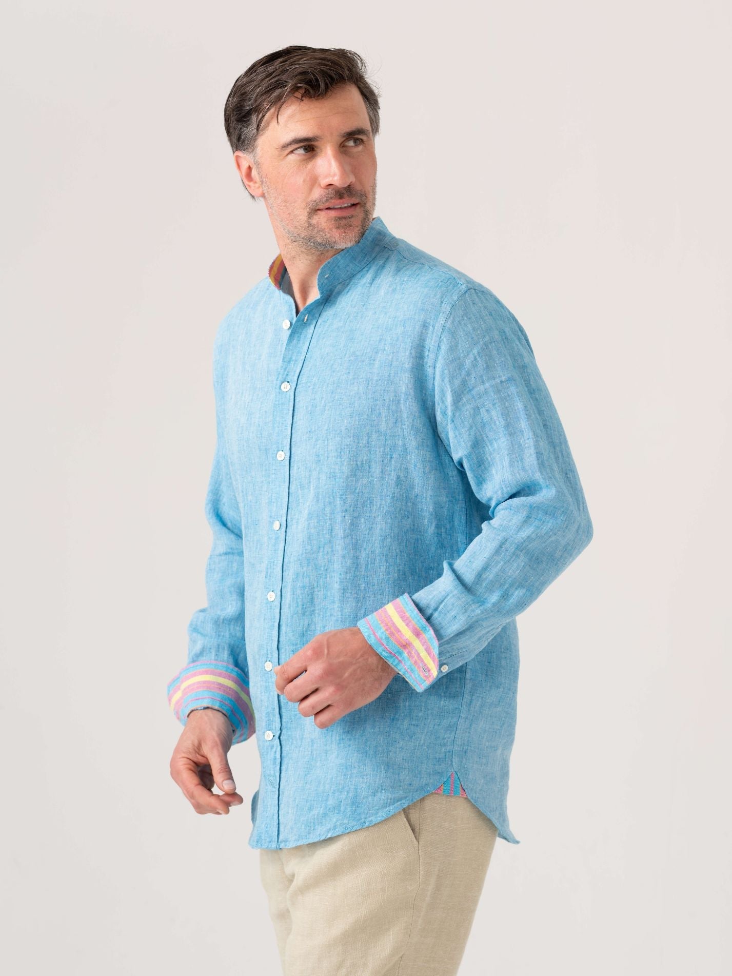 Nyota Turquoise Linen Shirt - Grandfather Collar