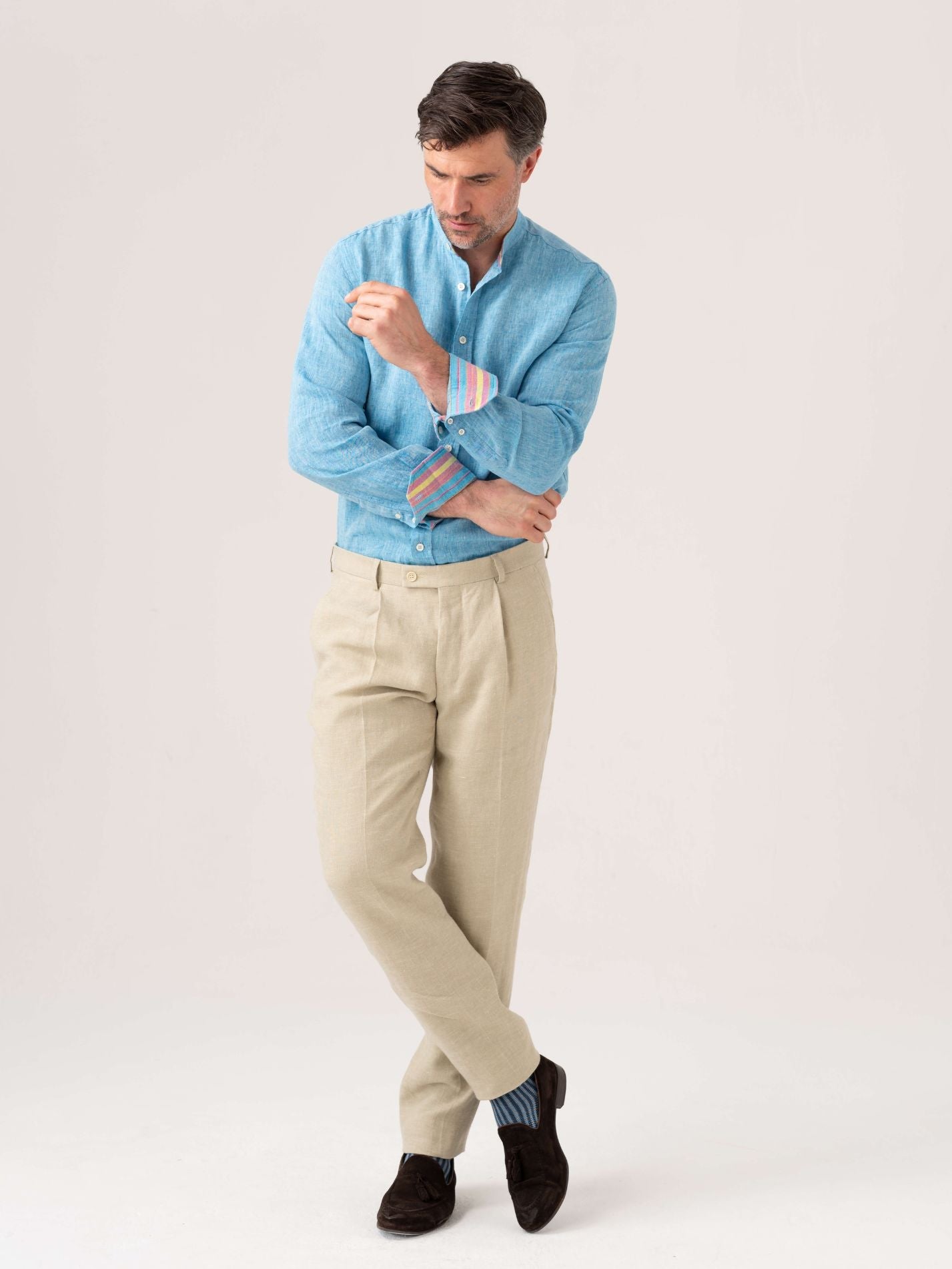 Nyota Turquoise Linen Shirt - Grandfather Collar