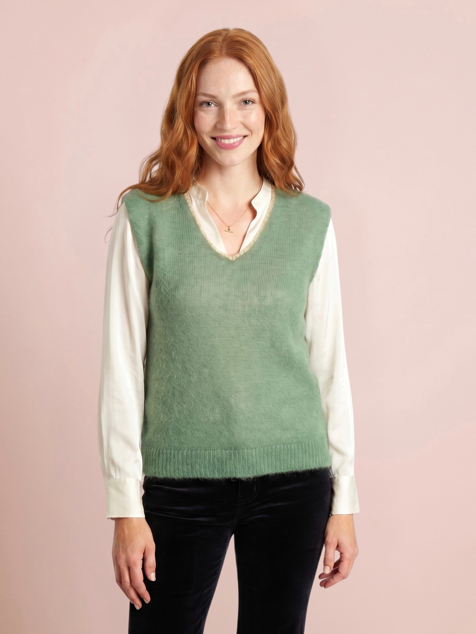 Nancy Knitted V-Neck Tank Top with Lurex Trim