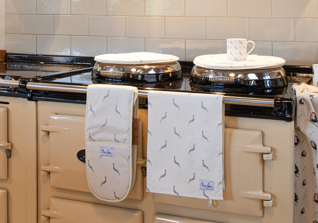 Double Oven Glove - 'Home Late Hare and Hearts'