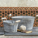 Oval Zinc Planter With Wooden Handles - Set Of 2