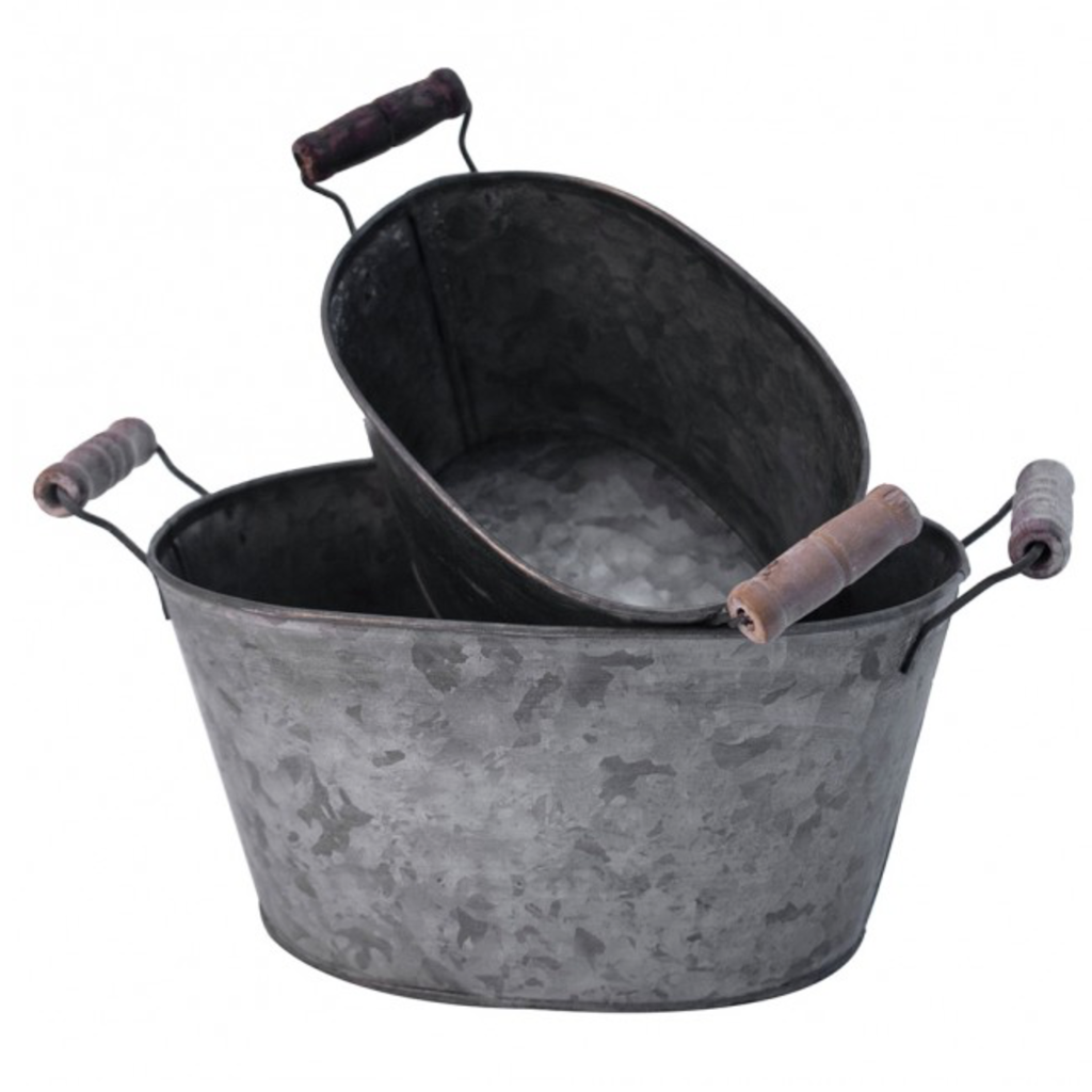 Oval Zinc Planter With Wooden Handles - Set Of 2
