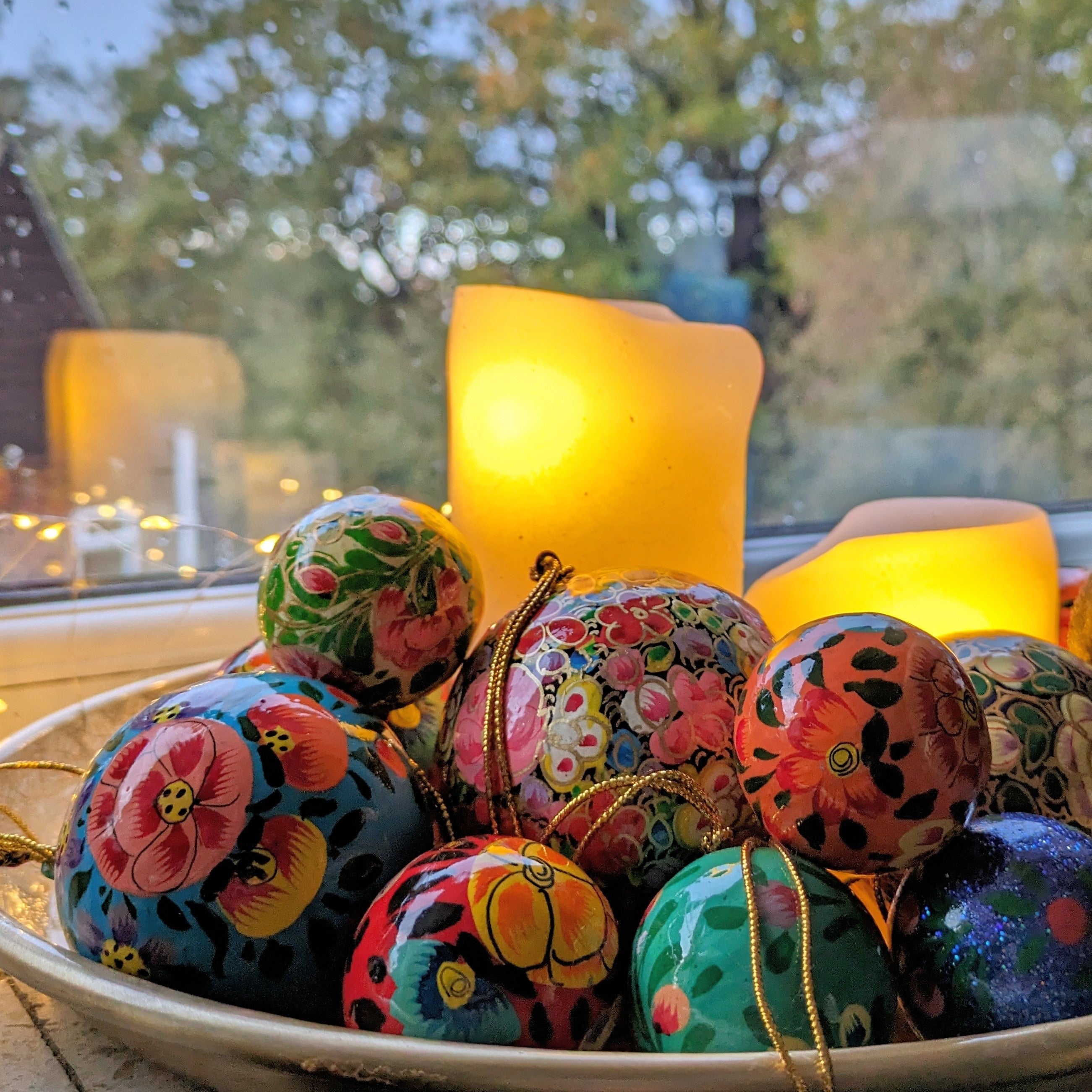 Hand Painted Kashmiri Paper Mache Baubles 60mm, Fair Trade | Set of 4