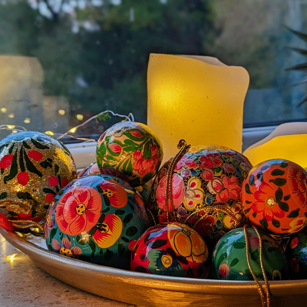 Hand Painted Kashmiri Paper Mache Baubles 60mm, Fair Trade | Set of 4