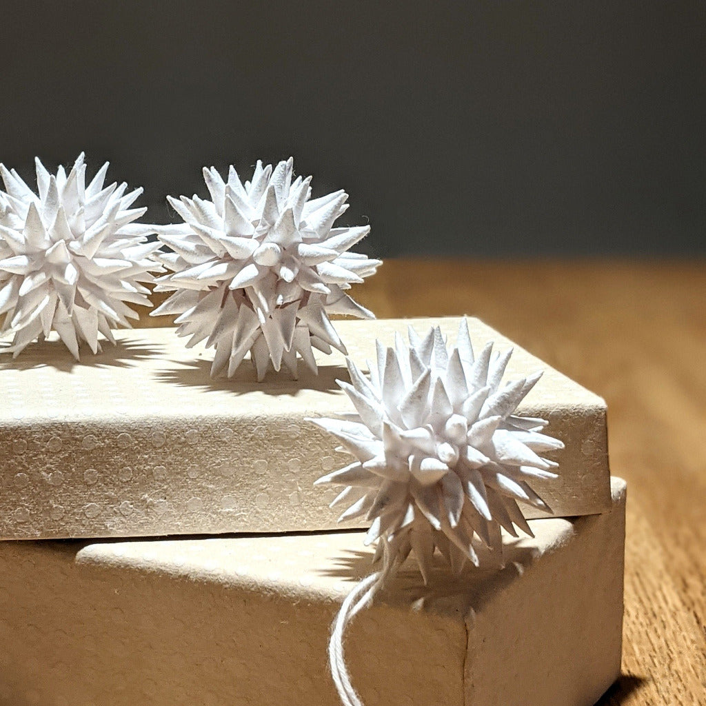 6 White Spiky Paper Bauble Decorations | Fair Trade