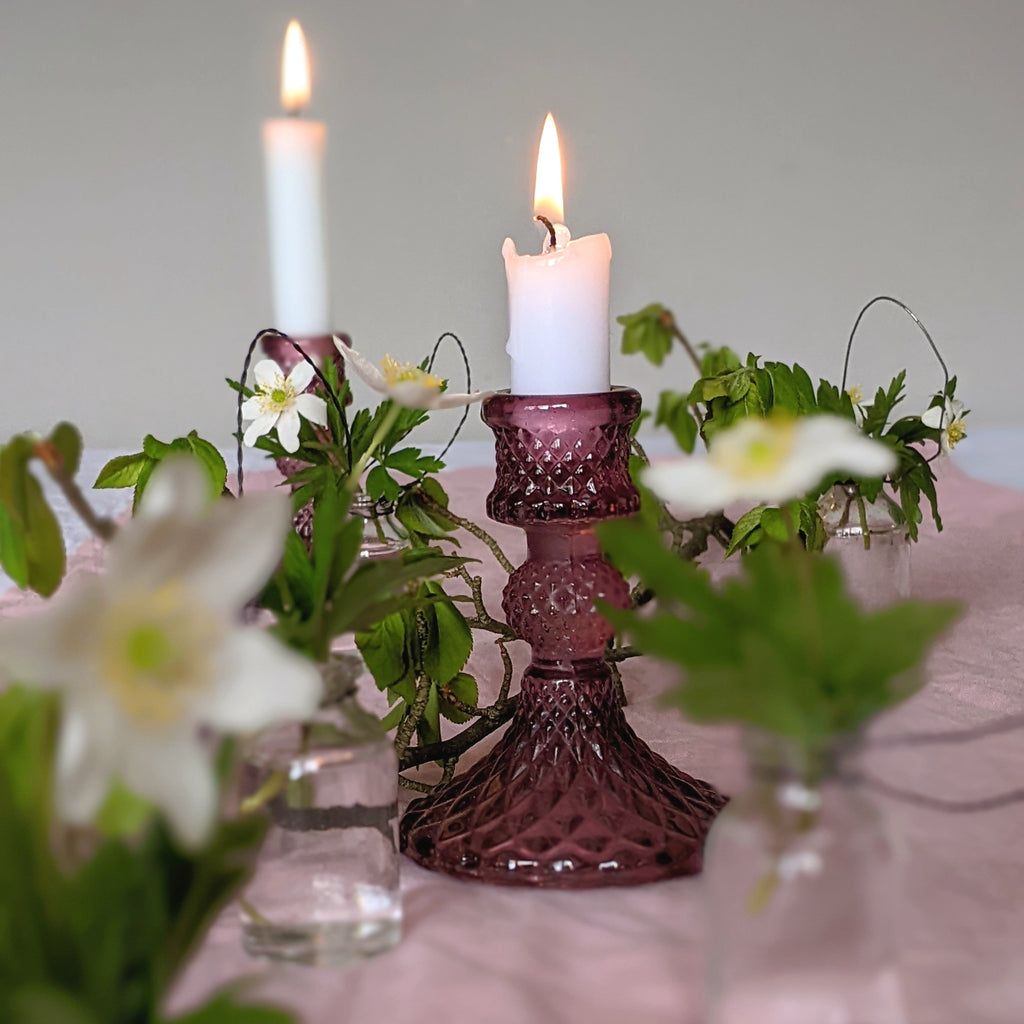 Pink Pressed Glass Dinner Candlestick - 10cm