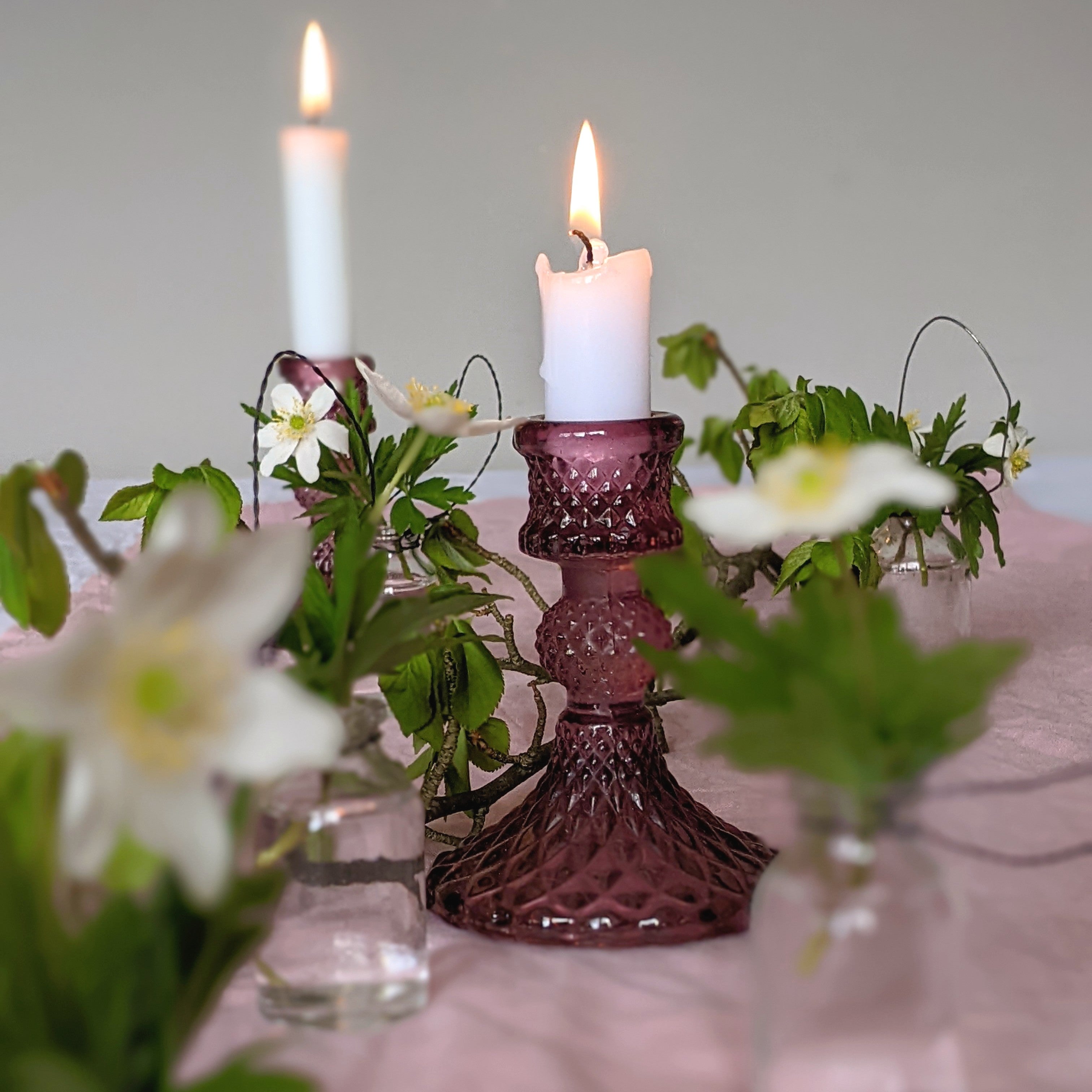 Pink Pressed Glass Dinner Candlestick - 10cm