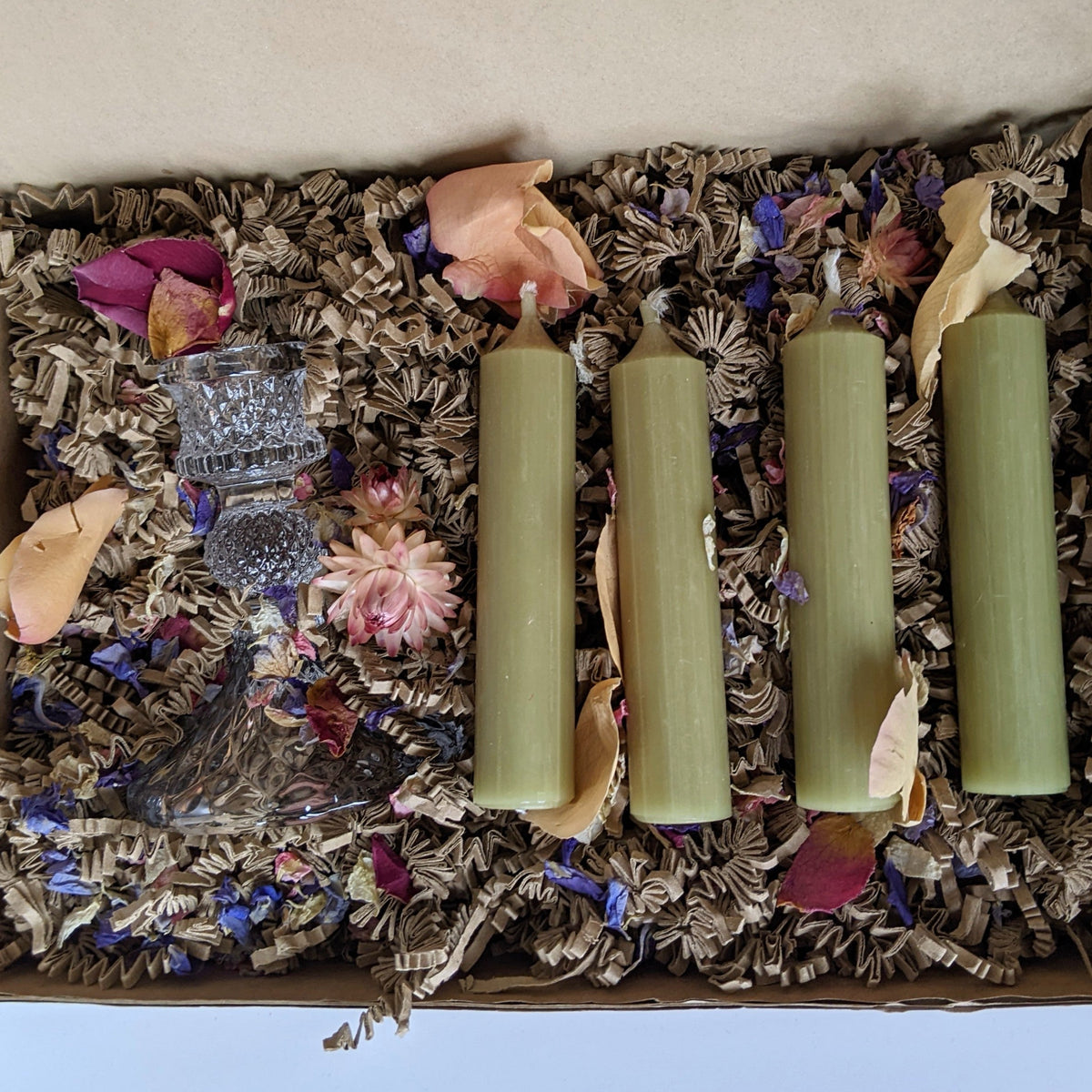 Gift Set - Pressed Glass Candle Stick With 4 Candles