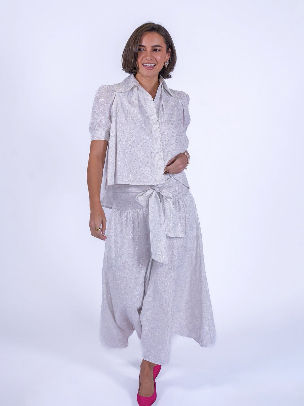 'PADDINGTON' BLOUSE IN WHITE & SILVER LUREX