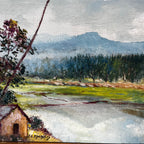 Vintage Oil Painting depicting a Landscape containing a House and Mountains by J C Mandis