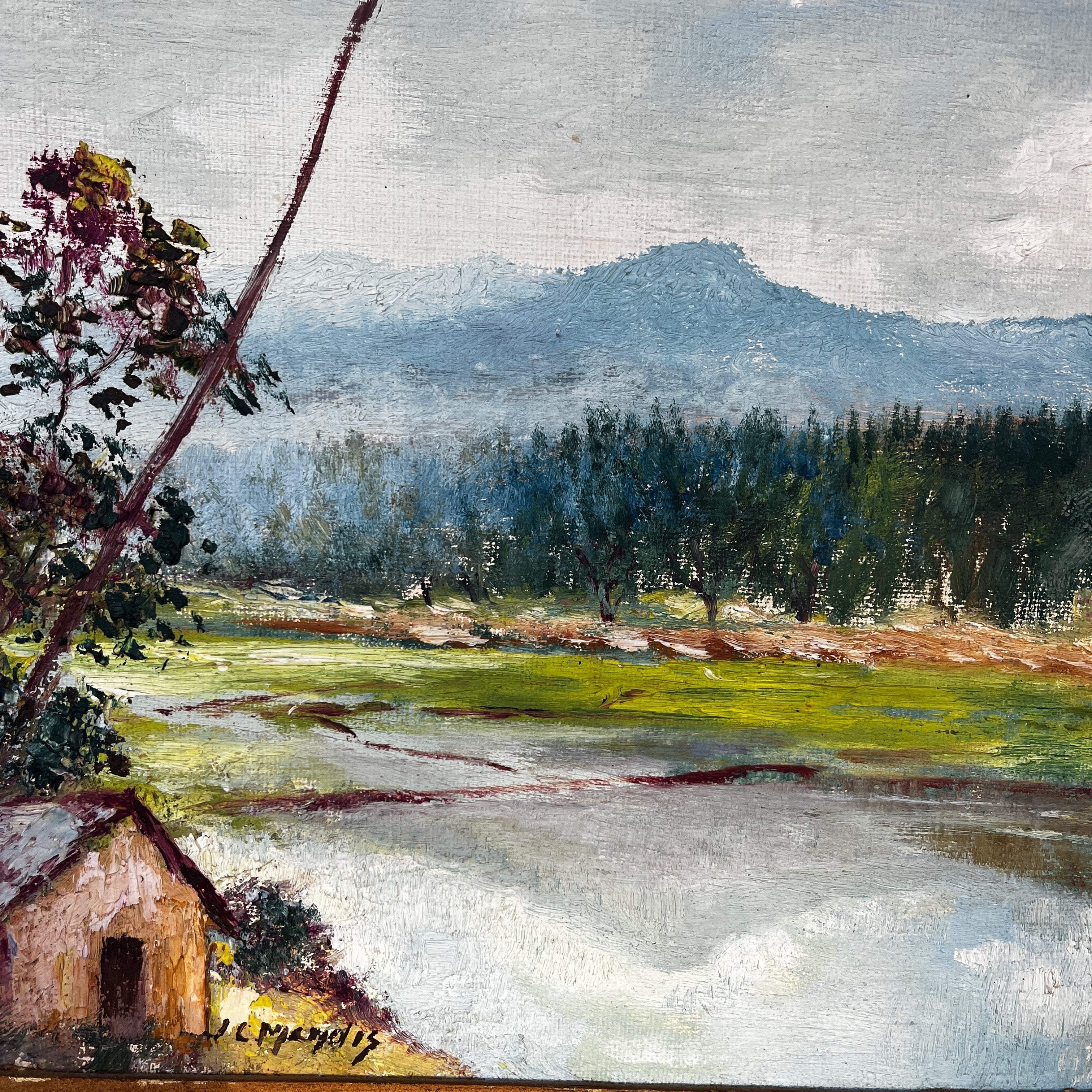 Vintage Oil Painting depicting a Landscape containing a House and Mountains by J C Mandis