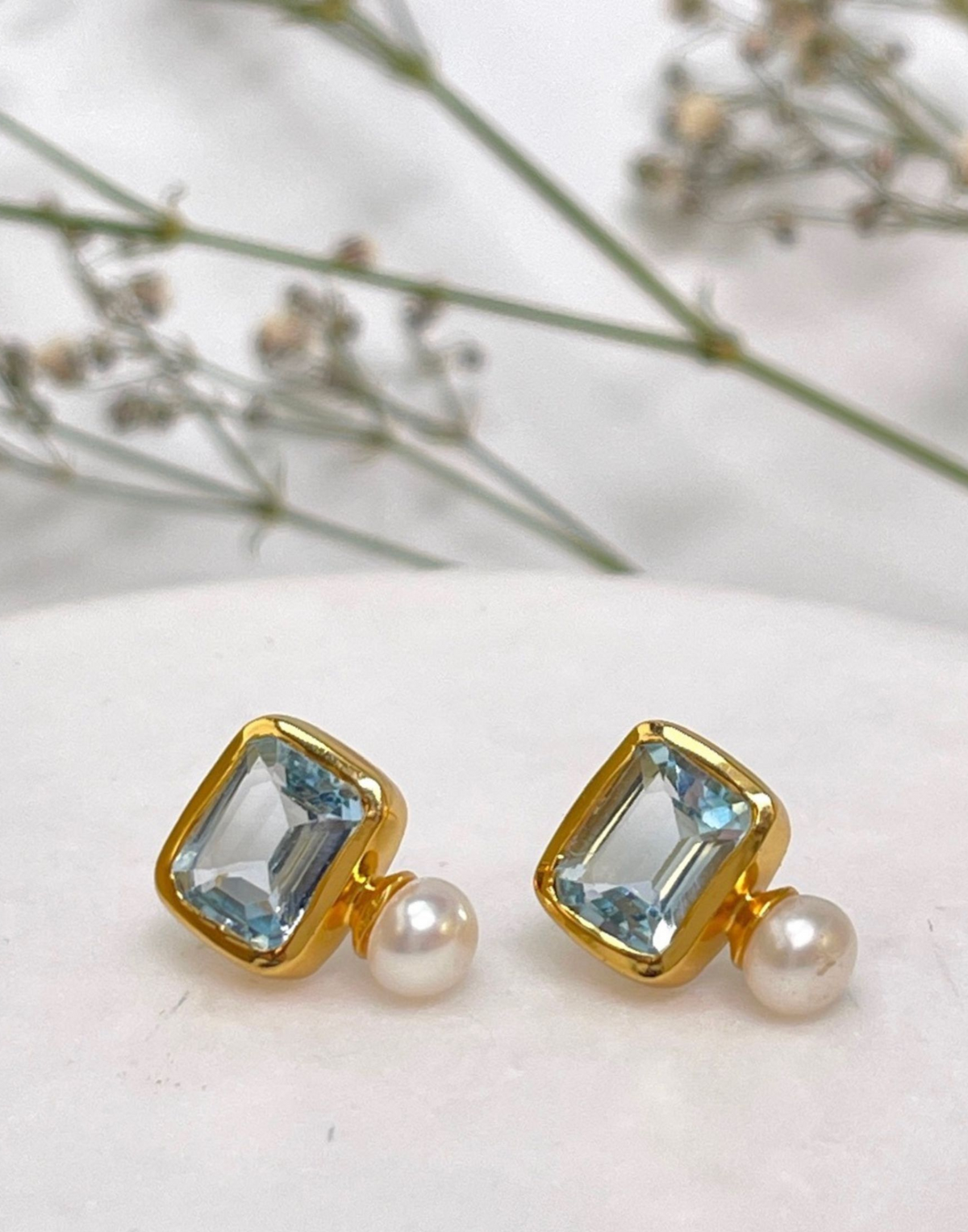 Pearl & Blue Topaz Stud Earrings