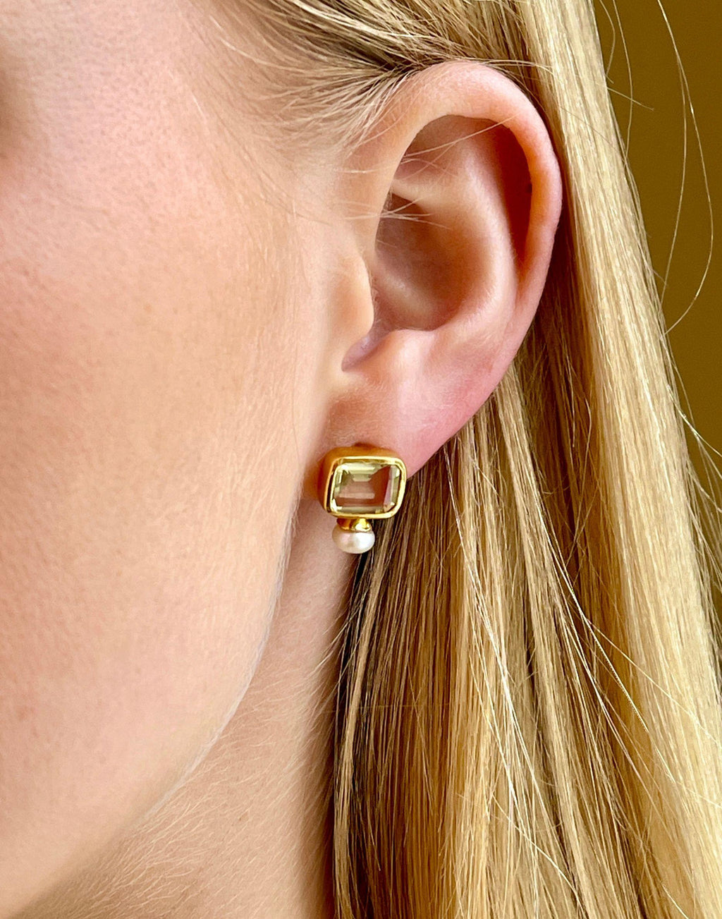 Pearl and Lemon Quartz Stud Earrings