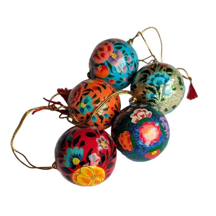 Hand Painted Kashmiri Paper Mache Baubles 60mm, Fair Trade | Set of 4