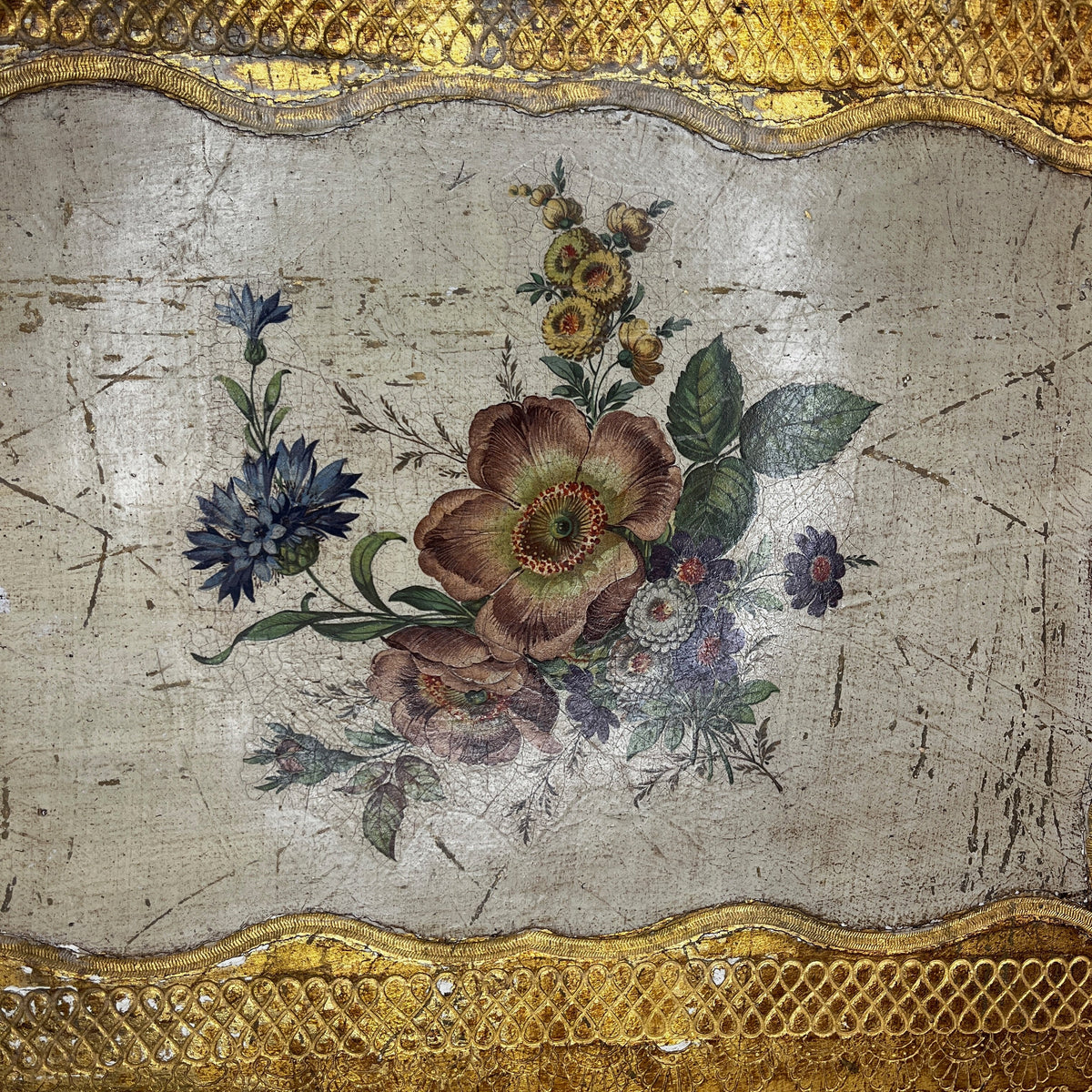 Large Vintage Florentine Gilt Wood Tray with Hand-Painted Pink & Gold Detailing