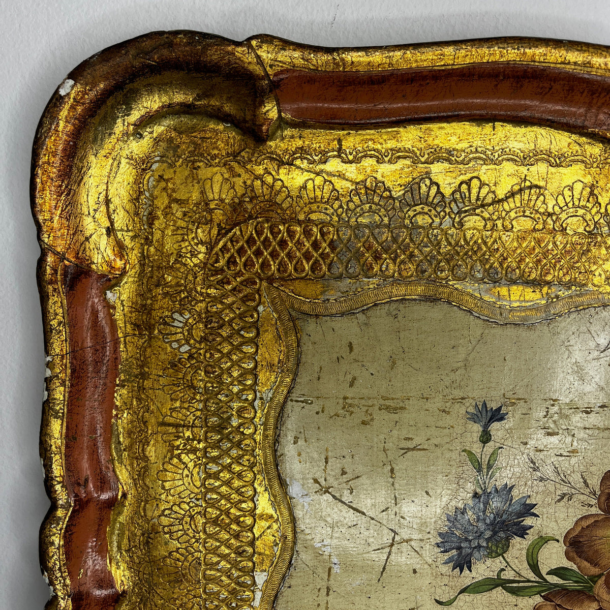 Large Vintage Florentine Gilt Wood Tray with Hand-Painted Pink & Gold Detailing