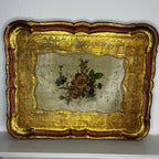 Large Vintage Florentine Gilt Wood Tray with Hand-Painted Pink & Gold Detailing