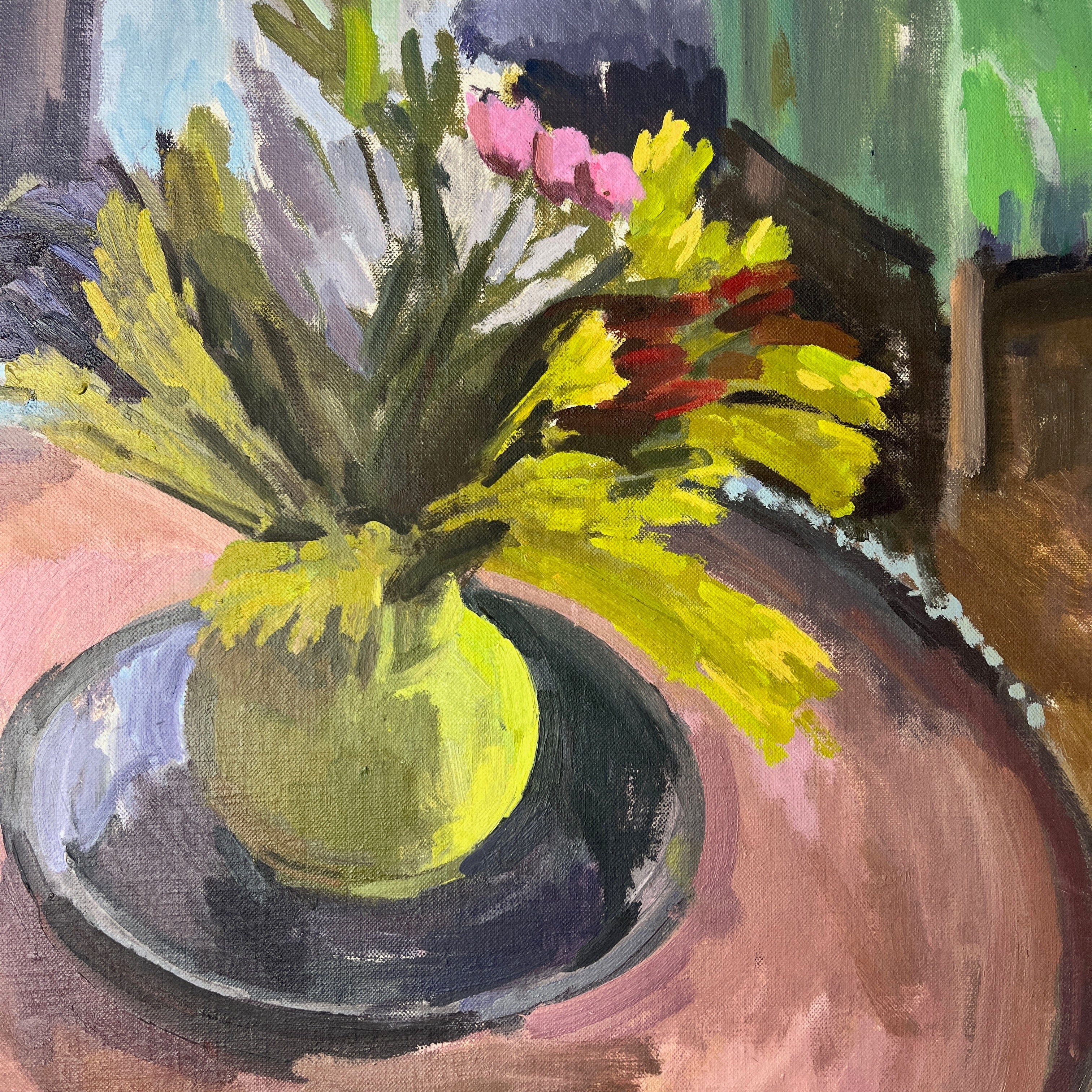 Still Life - Pink Tulips on a Table - Oil on Canvas
