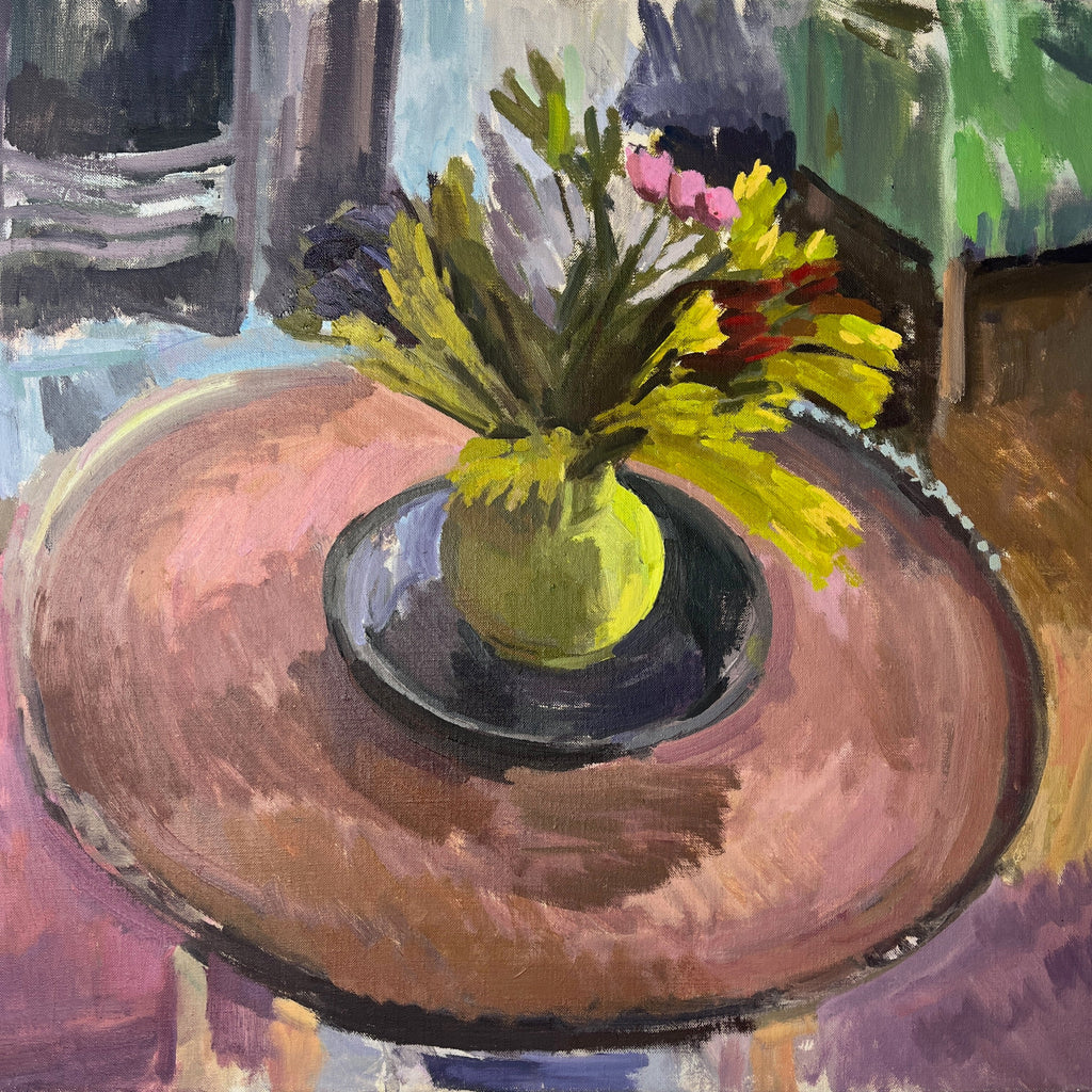 Still Life - Pink Tulips on a Table - Oil on Canvas