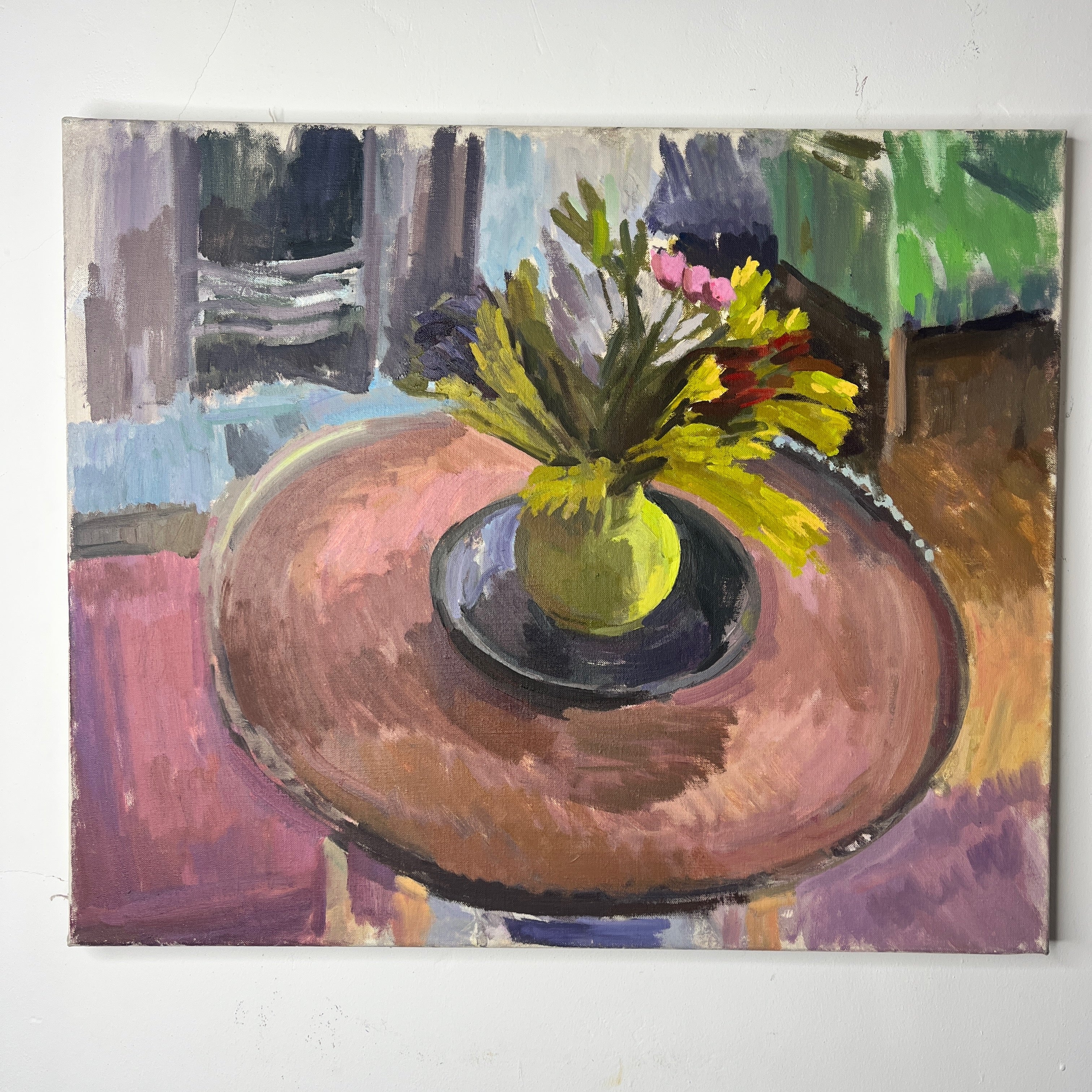 Still Life - Pink Tulips on a Table - Oil on Canvas
