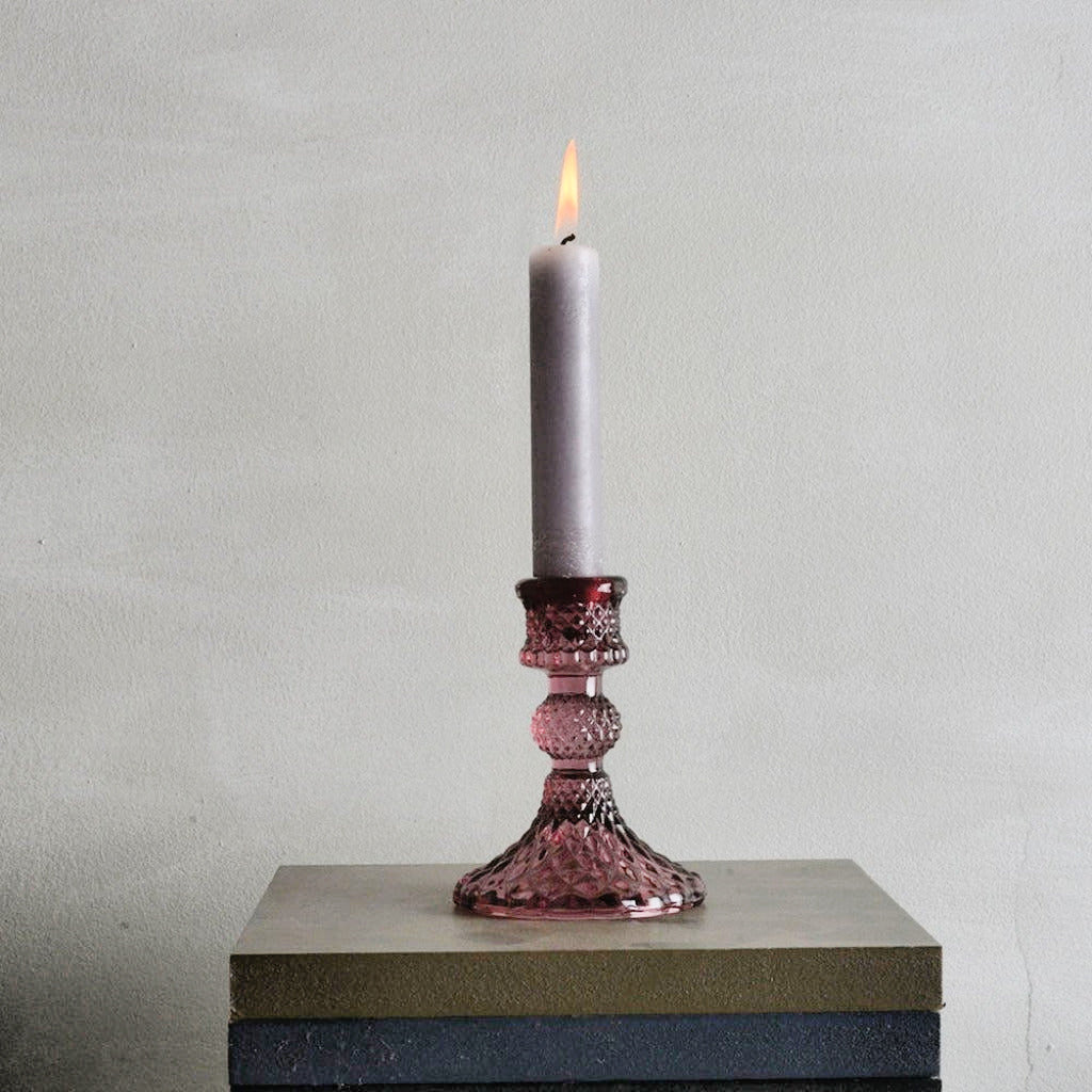 Pink Pressed Glass Dinner Candlestick - 10cm