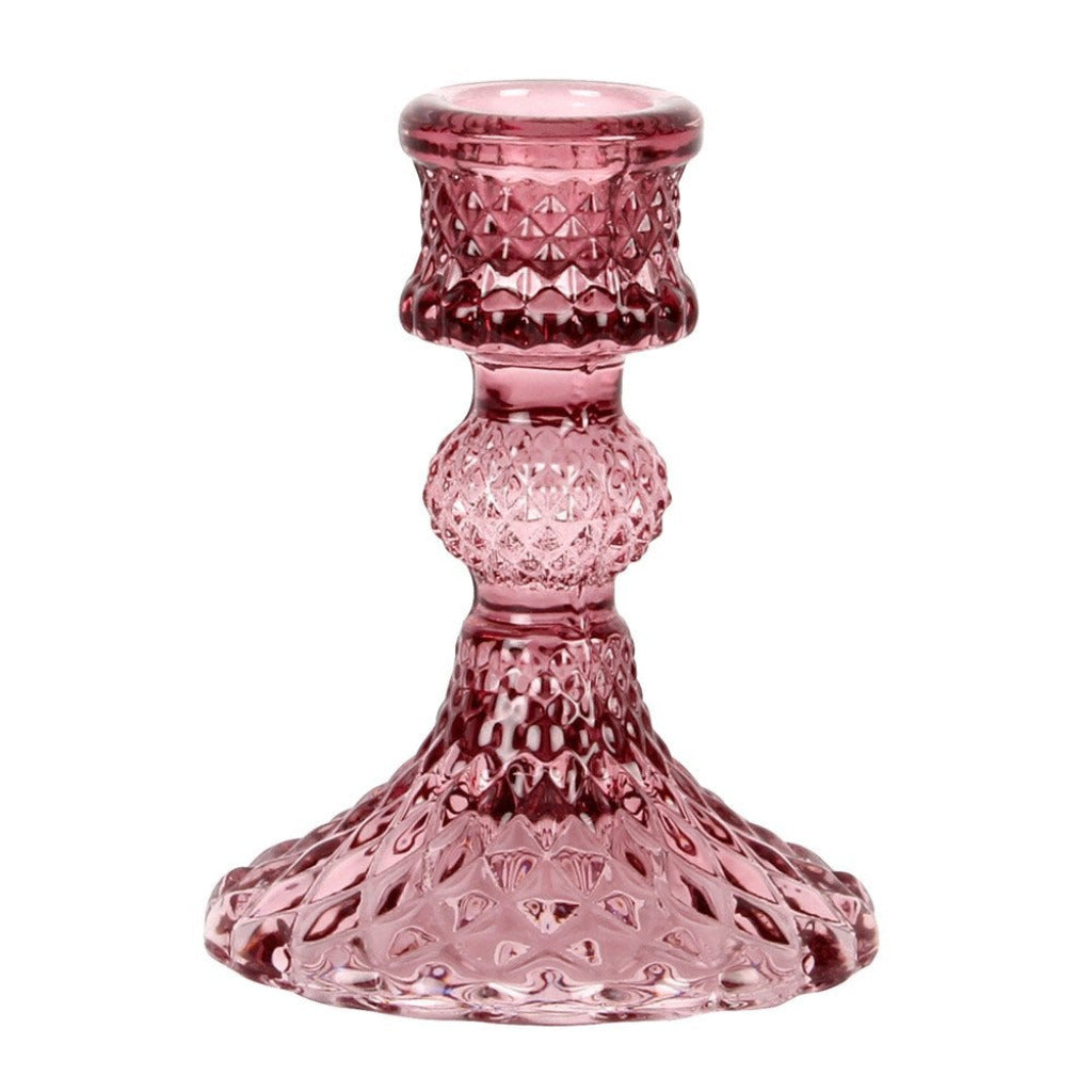 Pink Pressed Glass Dinner Candlestick - 10cm