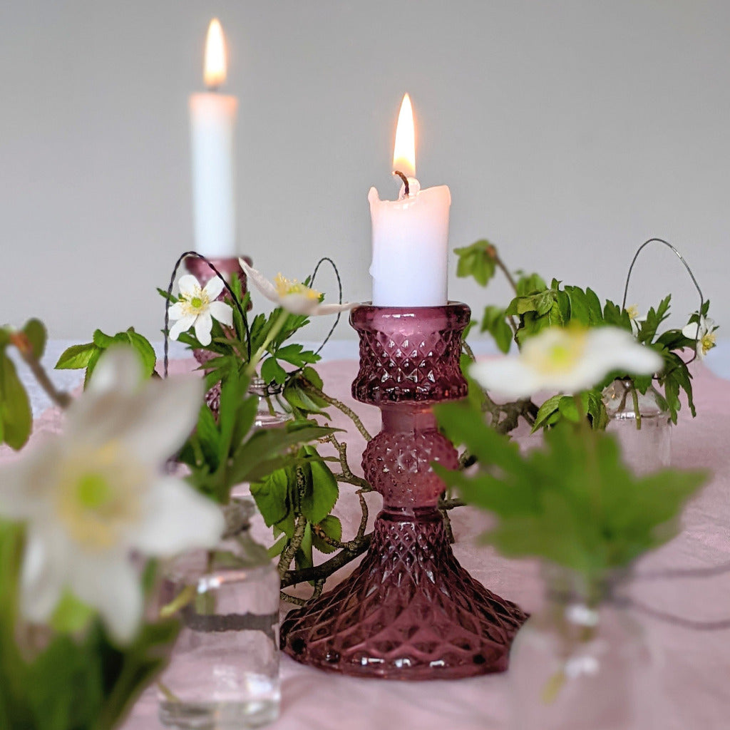 Pink Pressed Glass Dinner Candlestick - 10cm