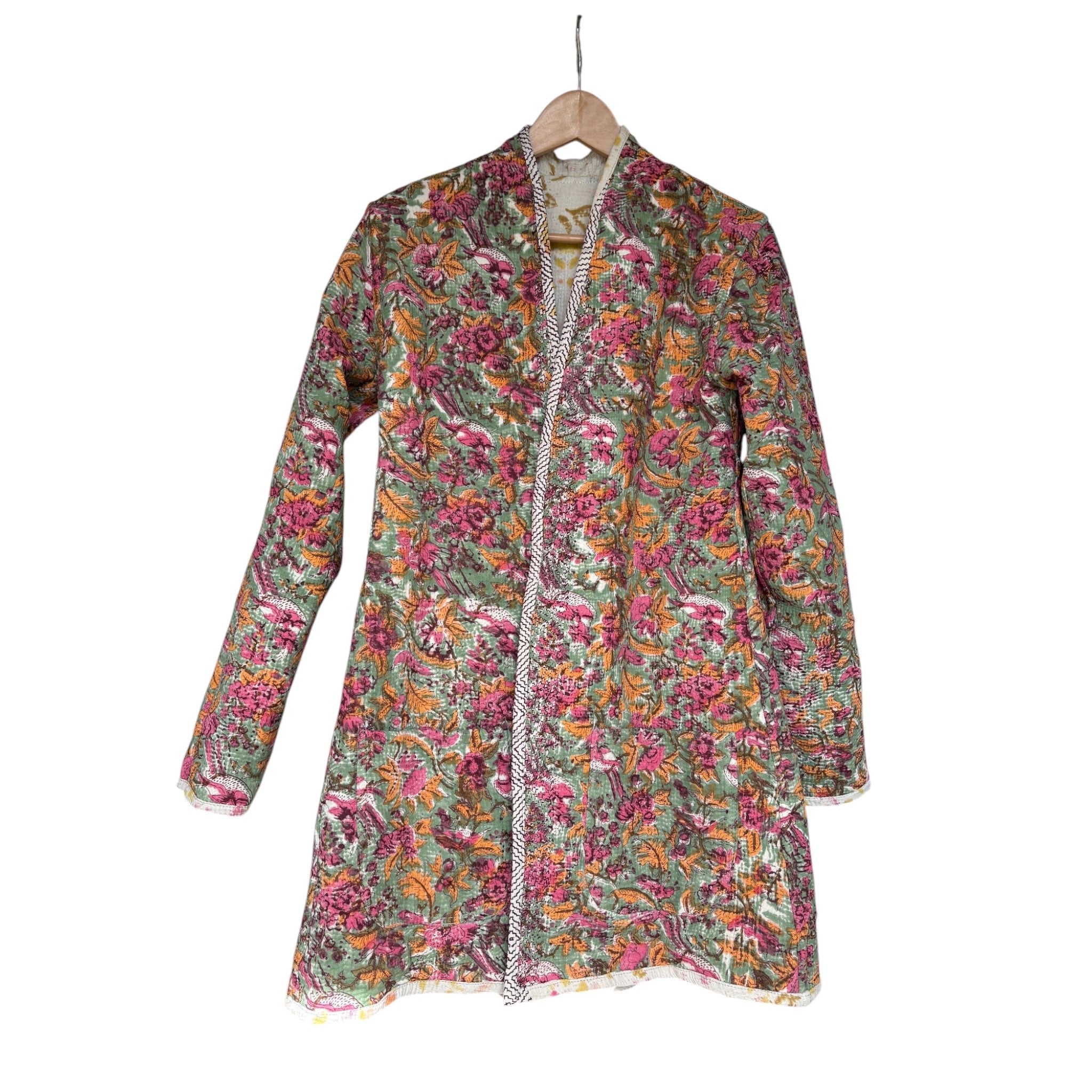 Pink & Apricot Long Kantha Coat