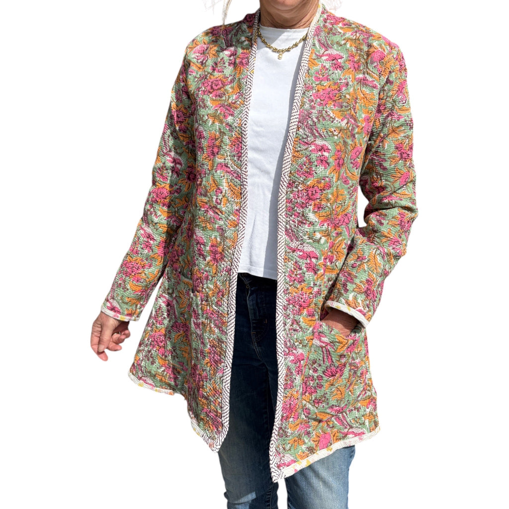 Pink & Apricot Long Kantha Coat