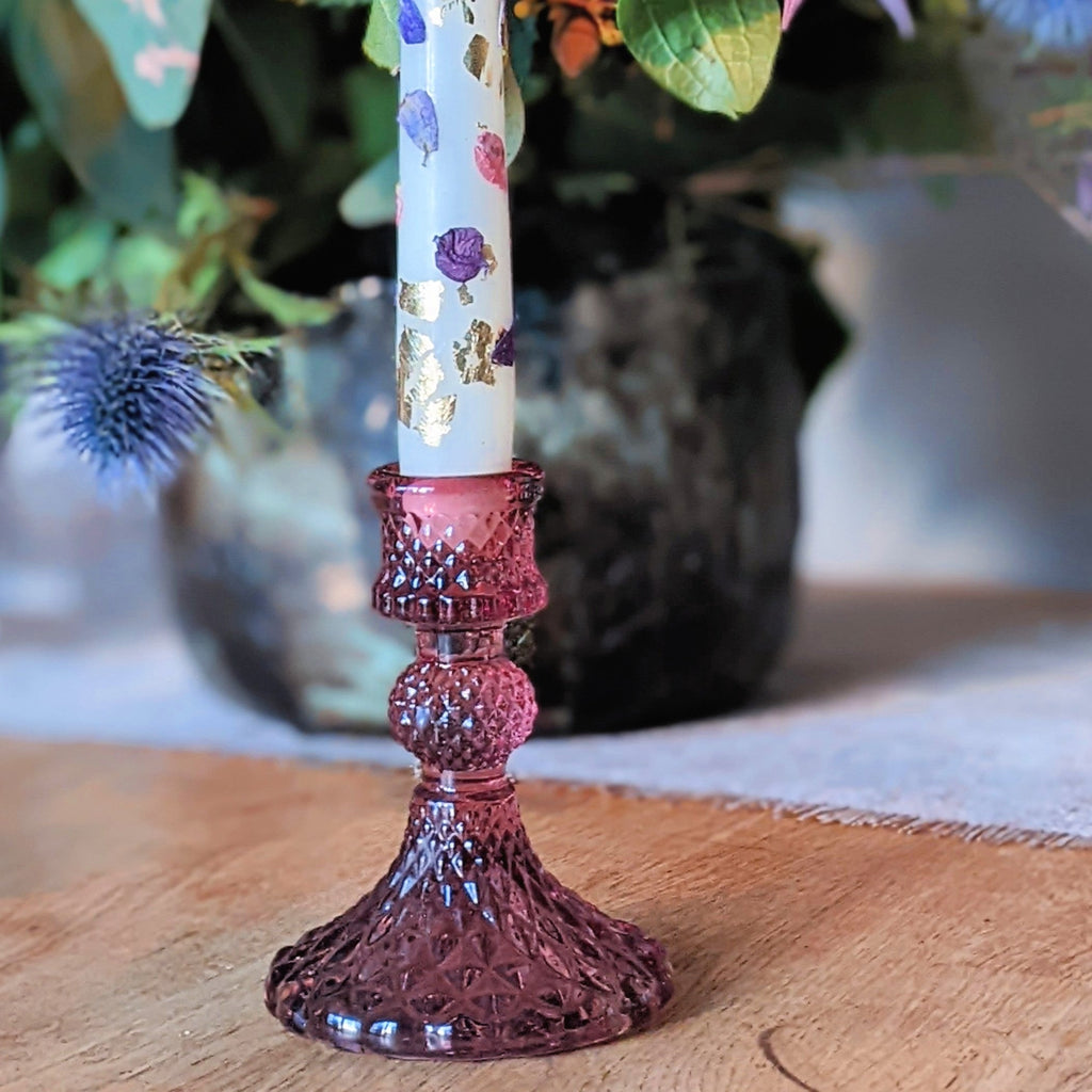 Pink Pressed Glass Dinner Candlestick - 10cm