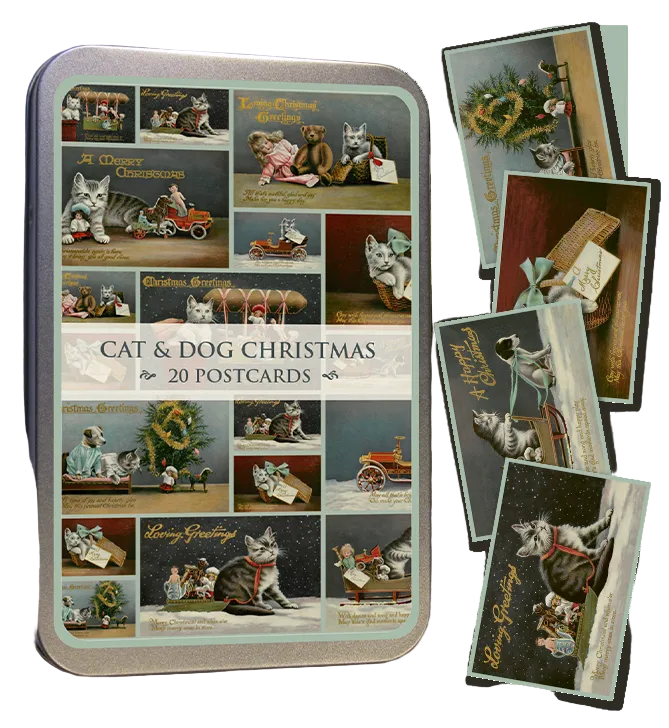 20 Postcard In A Tin | Vintage Cat & Dog Christmas Note Cards