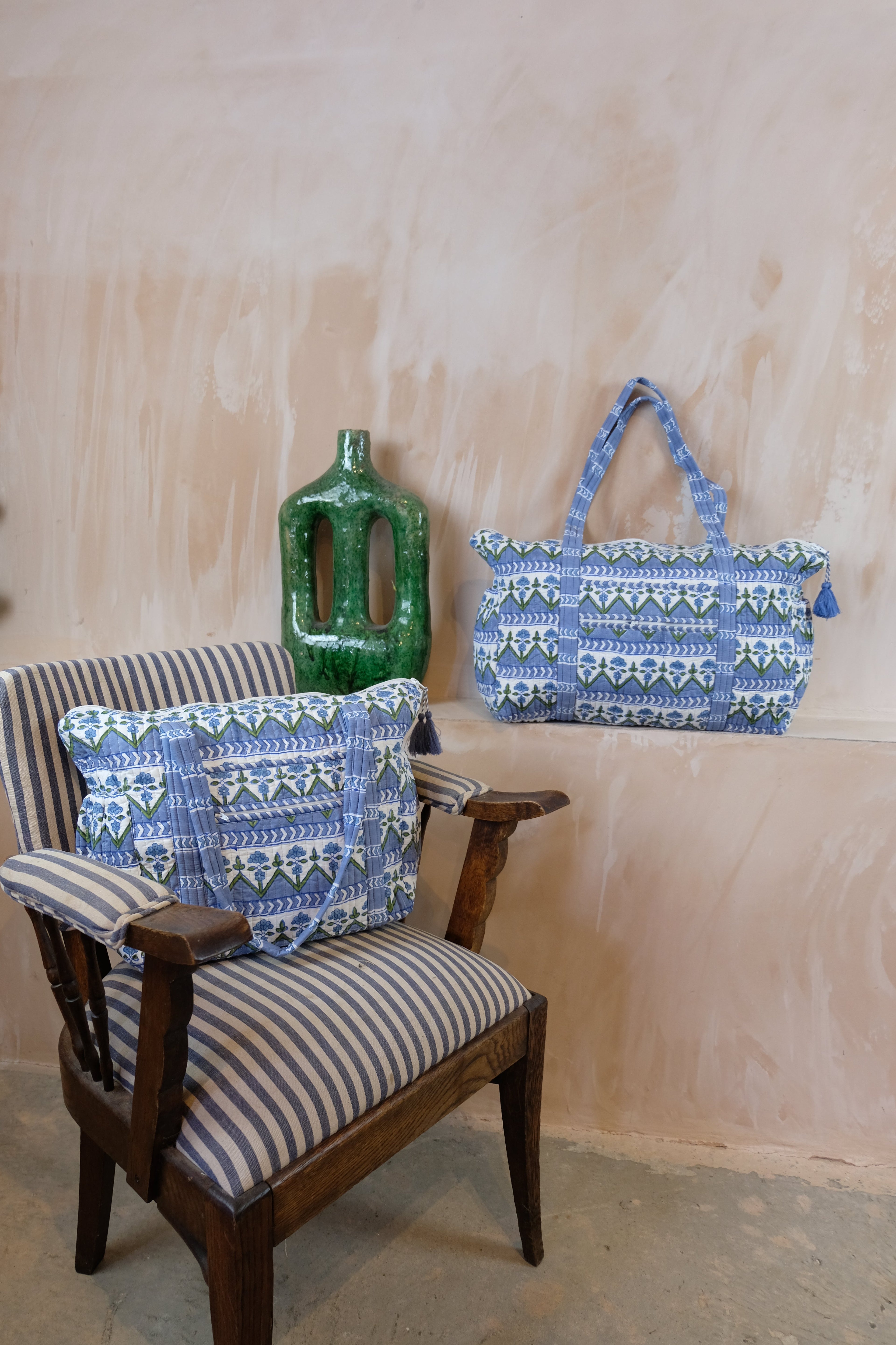 Large Block Print Blue Quilted Nappy / Diaper Bag