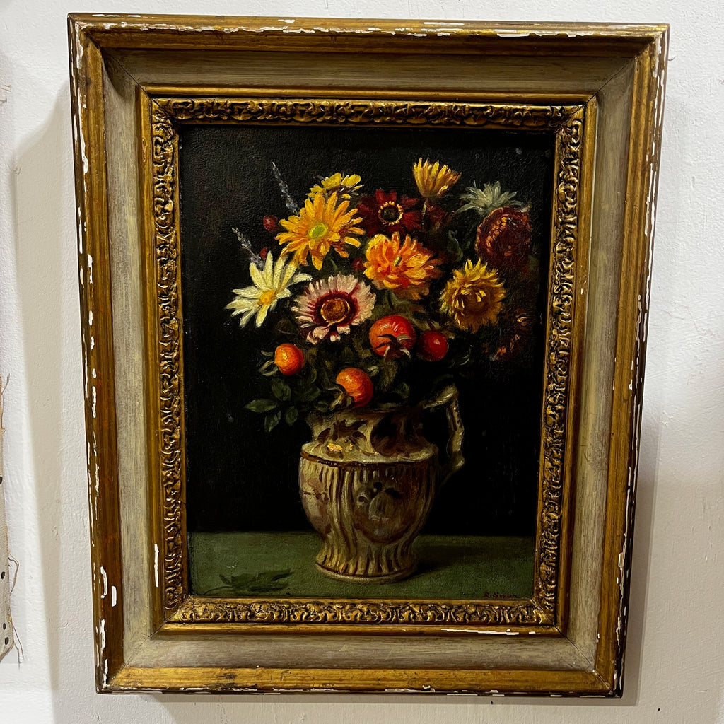 Oil Floral Still-life Painting by R. Swan in an Ornate Wooden Frame
