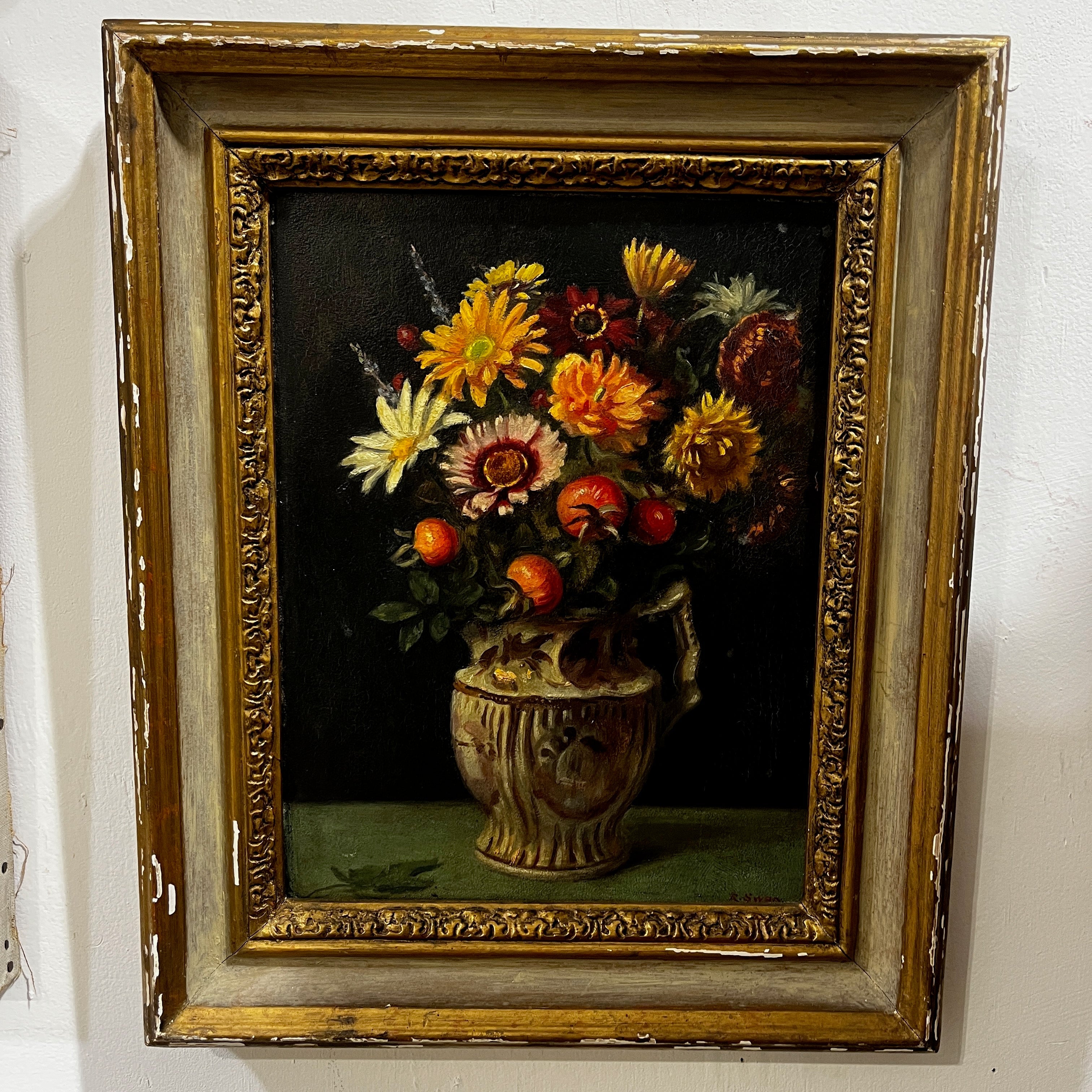 Oil Floral Still-life Painting by R. Swan in an Ornate Wooden Frame