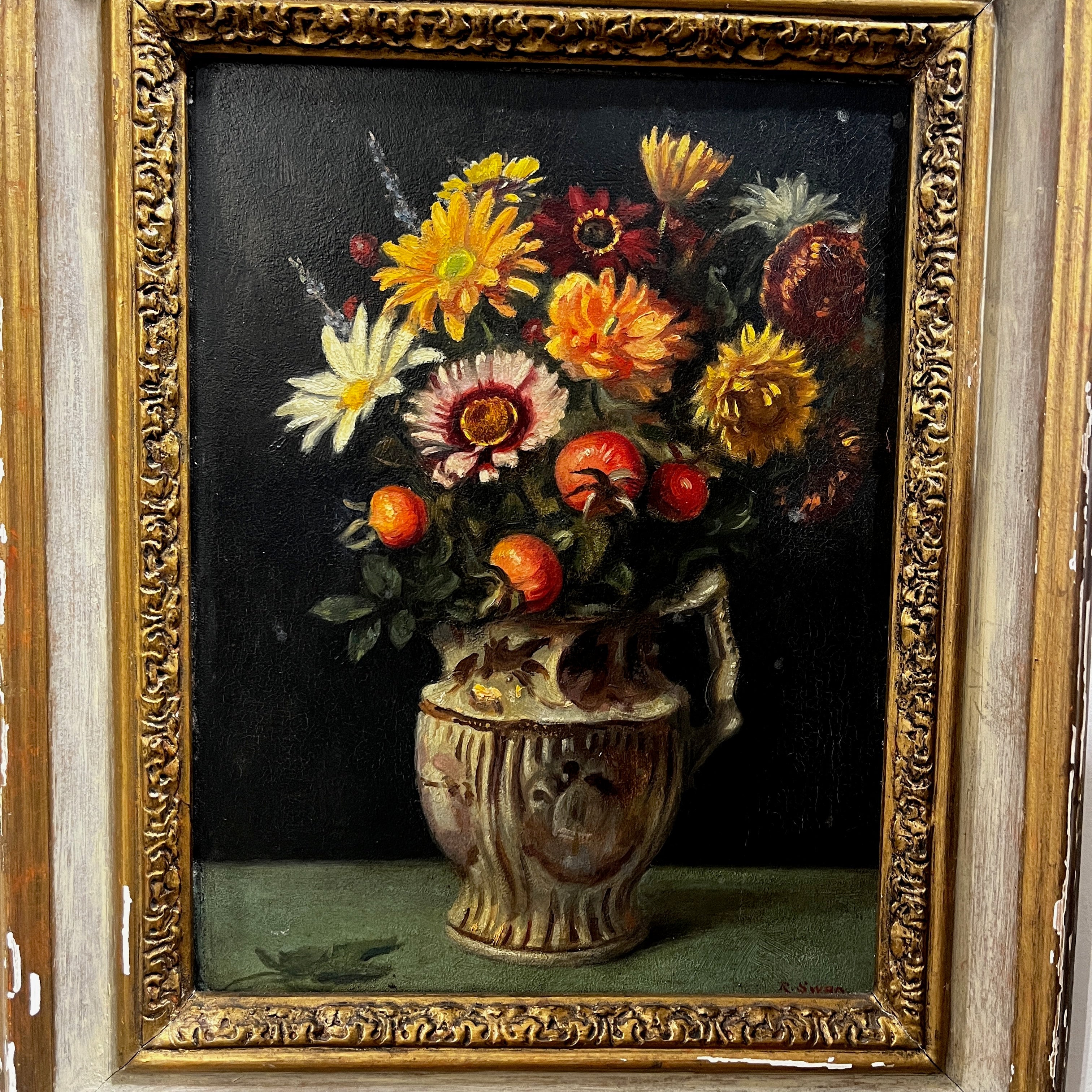 Oil Floral Still-life Painting by R. Swan in an Ornate Wooden Frame