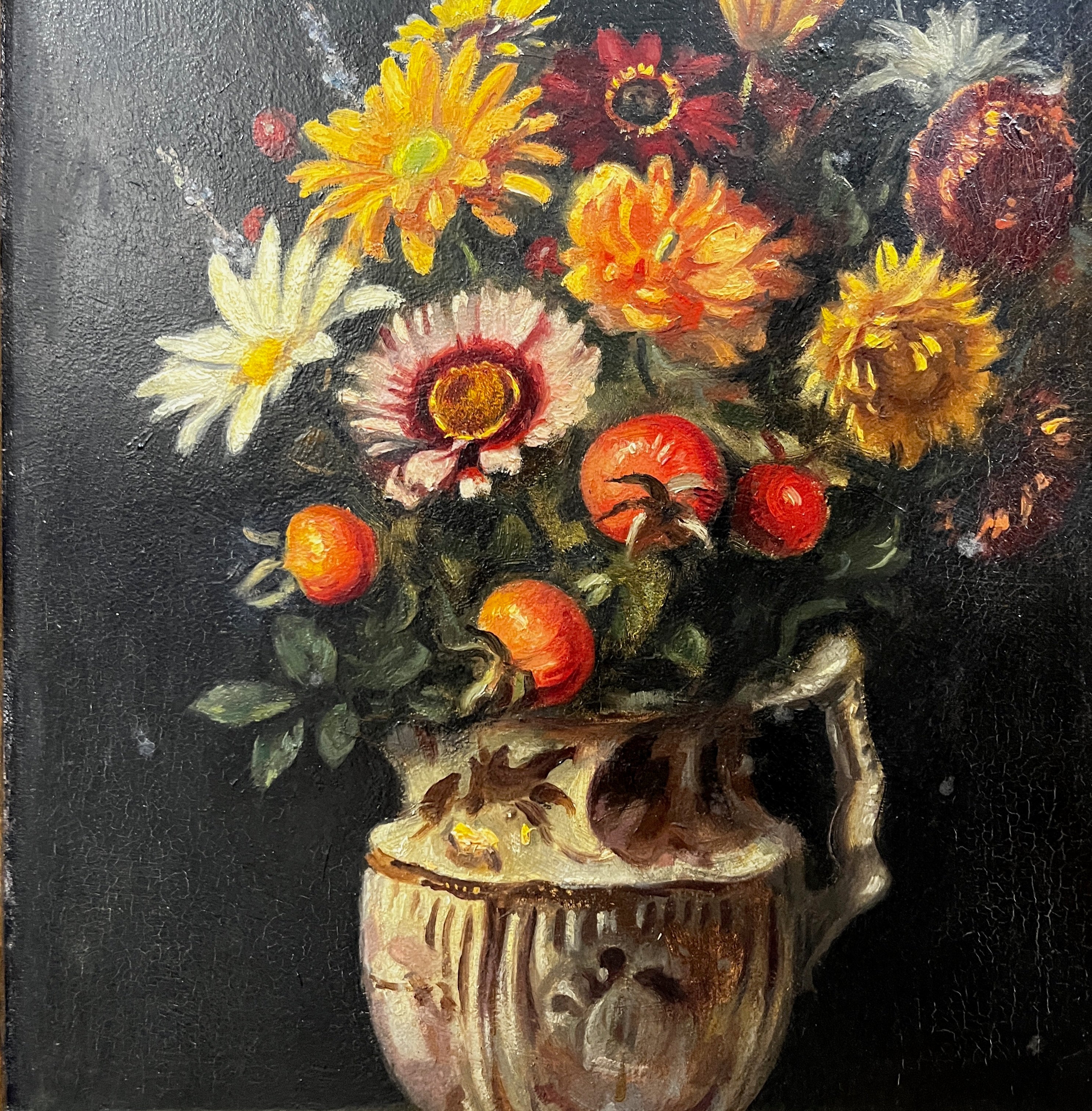 Oil Floral Still-life Painting by R. Swan in an Ornate Wooden Frame