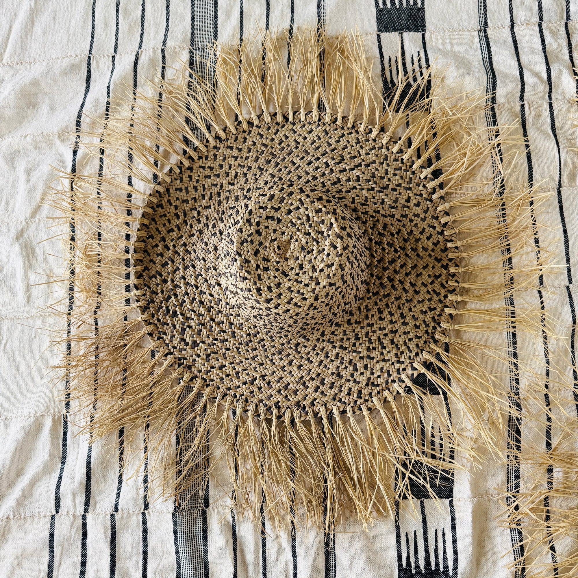 LARGE RAFFIA FRINGE HAT FROM NIGERIA. WALL OR TO WEAR.