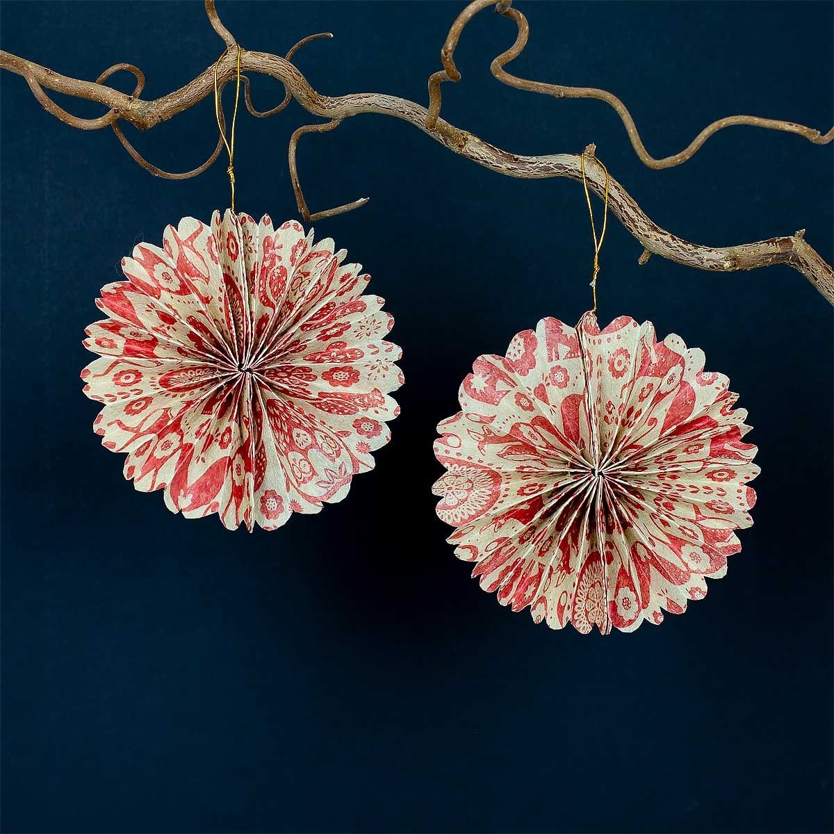 Red & White Scandi Motifs Paper Fan Christmas Decorations | Set of 2