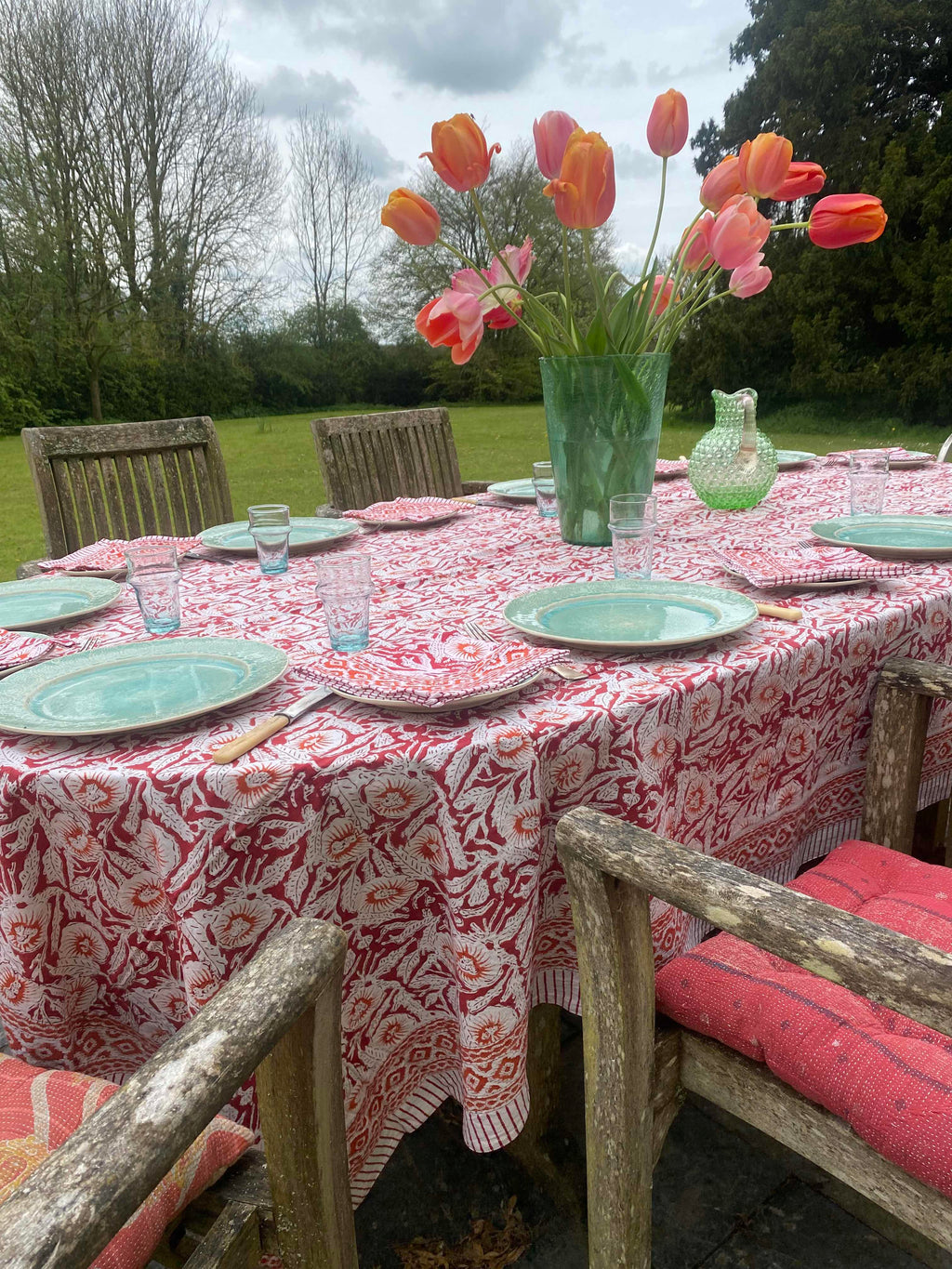 Red, Orange & White Block Printed Cotton Tablecloth