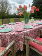 Red, Orange & White Block Printed Cotton Tablecloth