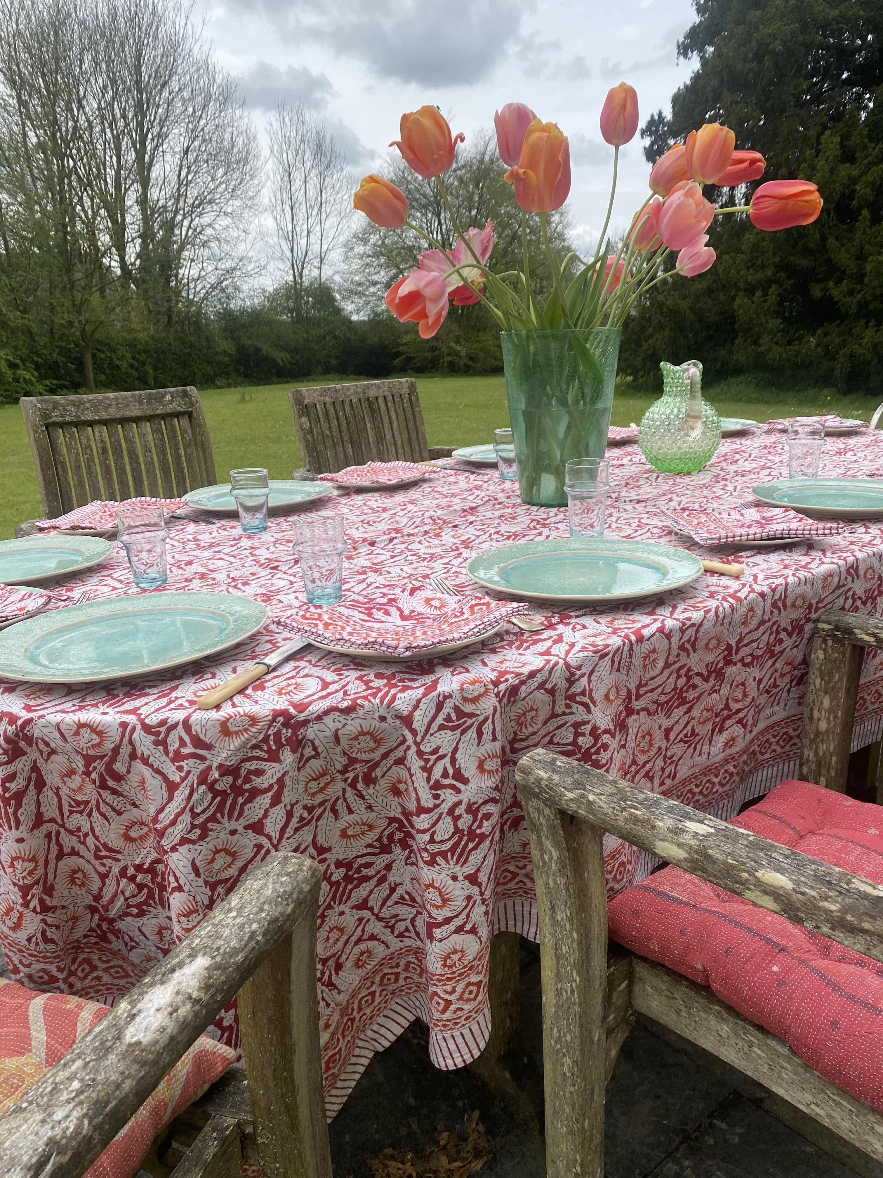 Red, Orange & White Block Printed Cotton Tablecloth