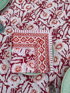 Red, Orange & White Block Printed Cotton Tablecloth