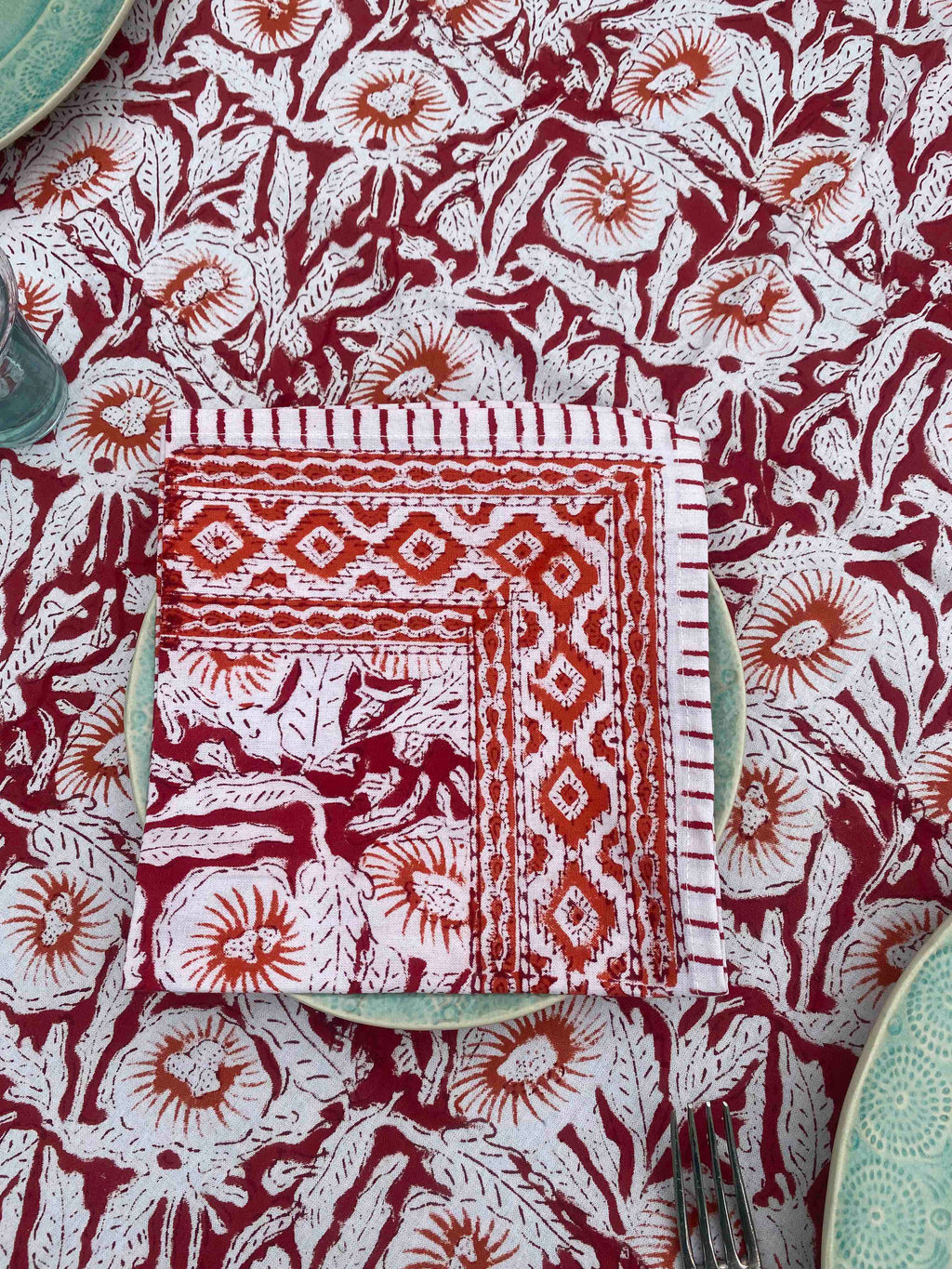 Red, Orange & White Block Printed Cotton Napkins | Set Of 4