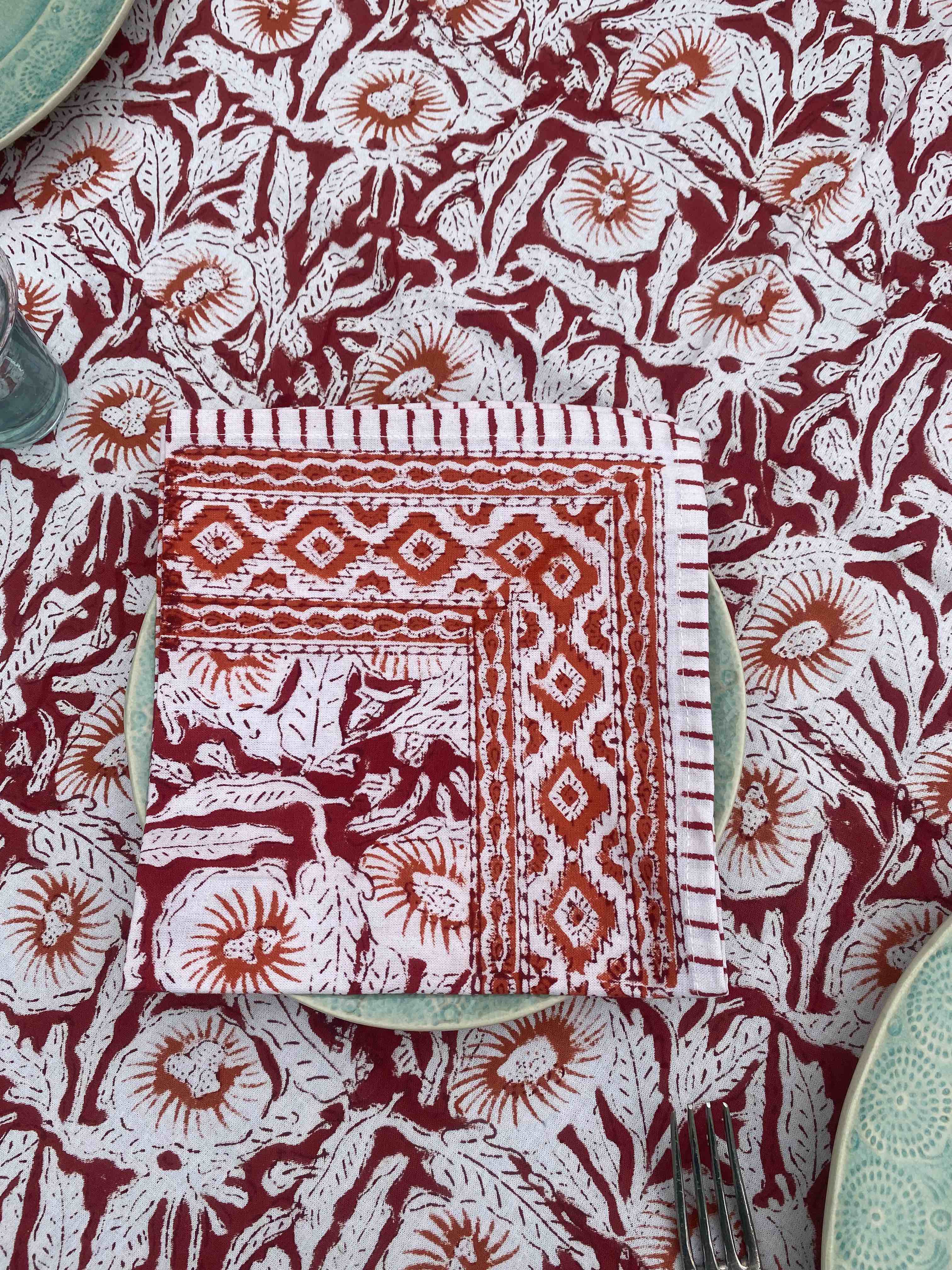 Red, Orange & White Block Printed Cotton Napkins | Set Of 4